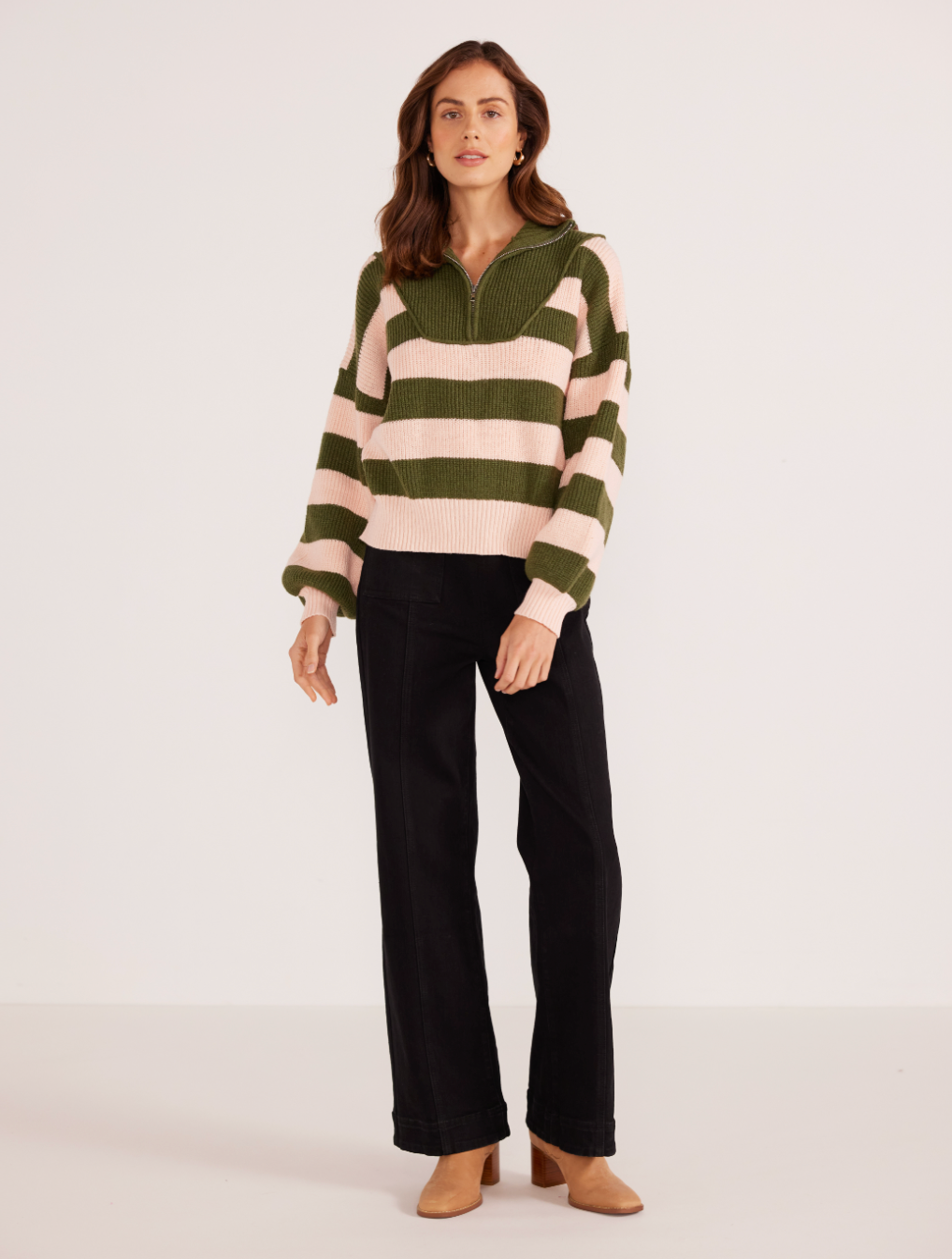 Darcy 1/4 Zip Knit Sweater for Women - Soft Comfortable Pullover with Khaki Stripe Design - Perfect for Casual Wear, Office Outfits & Fall Layering