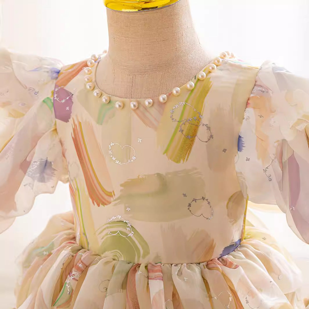 Baby Girl First Communion Dress with Colorful Puff Sleeves - Toddler Princess Party Gown for Church Ceremonies & Special Occasions