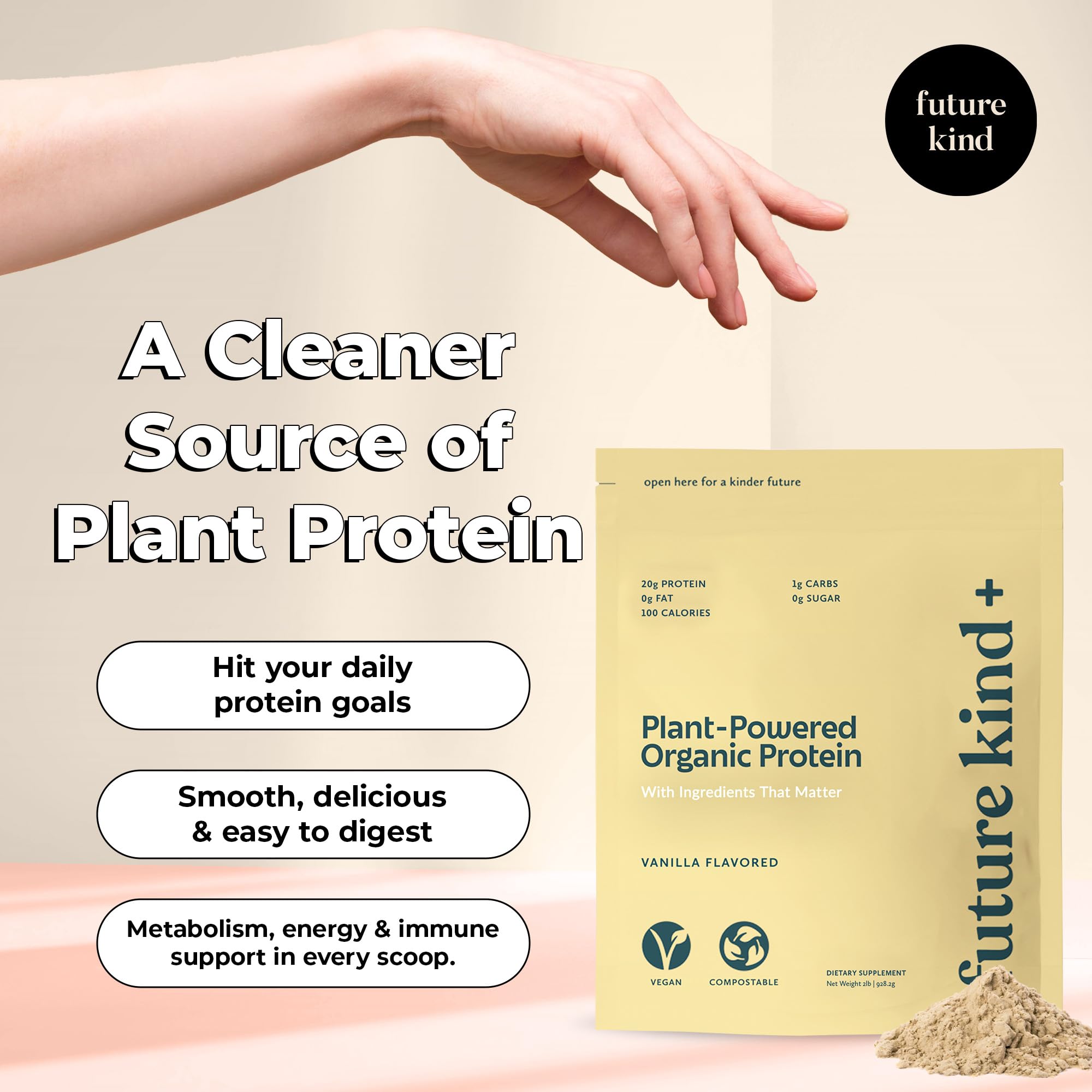 Future Kind Vegan Protein Powder - Vanilla Flavor, Pea Plant Protein for Lean Muscle Growth, Iron & Fiber Enriched, Whey-Free, Sugar-Free, Soy-Free, Non-Dairy (34 Servings) - Perfect for Post-Workout Recovery & Healthy Vegan Lifestyle