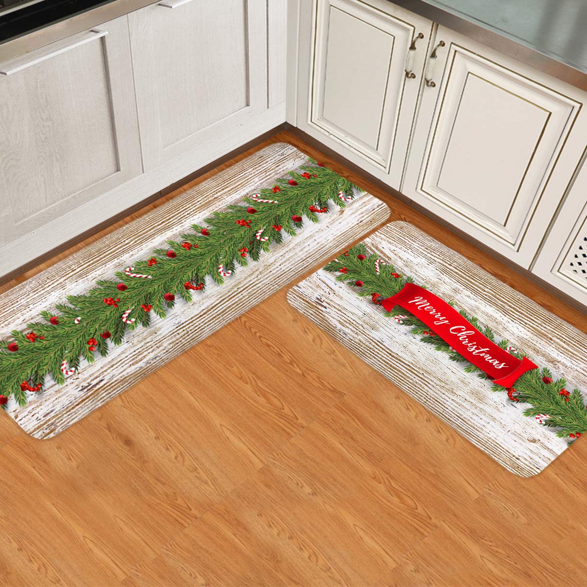 2-Piece Christmas Kitchen Mats Set - Non-Slip Cushioned Floor Mats for Comfort Standing, Holiday Home & Office Decor with Rustic Wooden Plank Design - Perfect for Kitchen, Dining Room, and Christmas Party Decorations