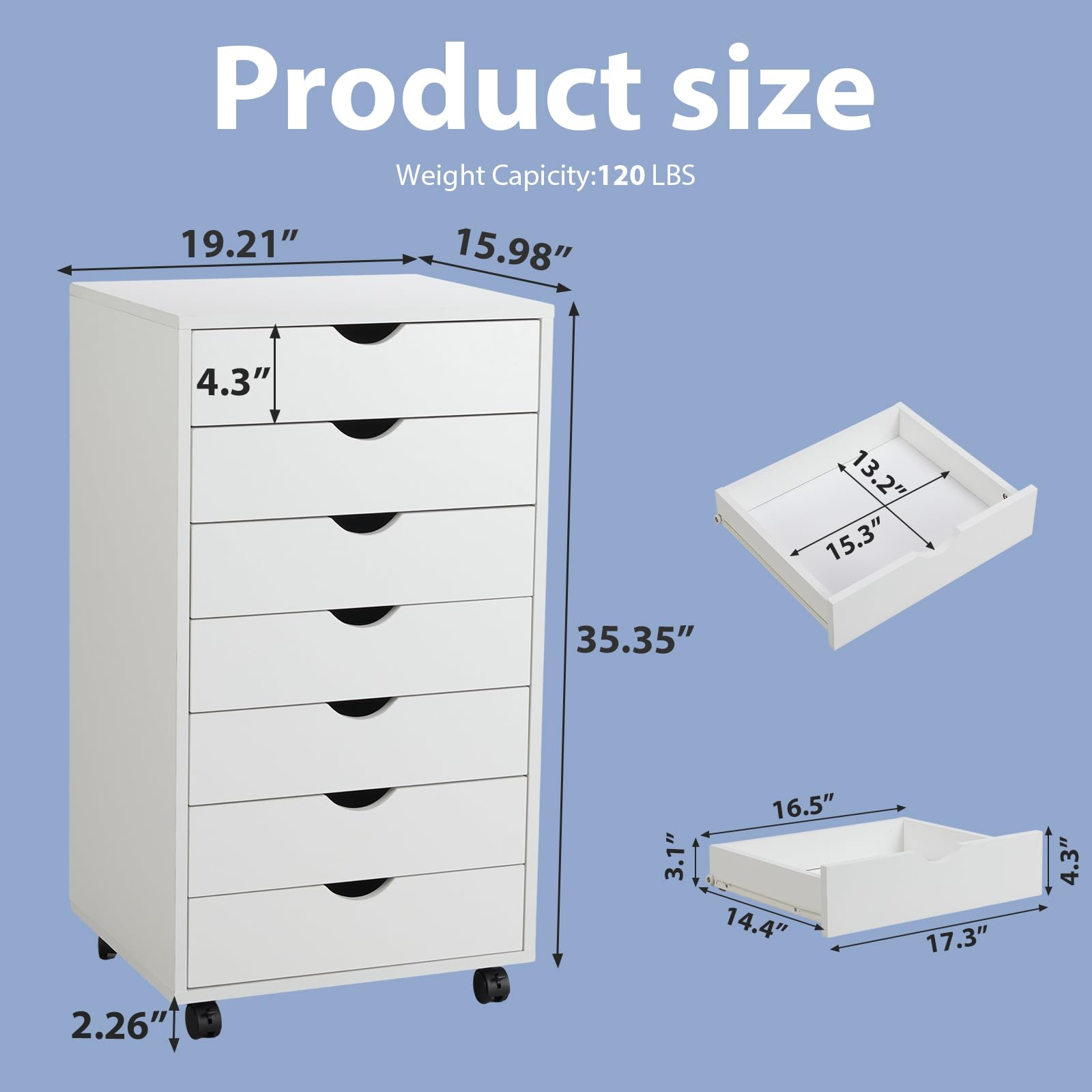 7-Drawer Wooden File Cabinet with Lockable Wheels - Mobile Printer Stand & Under Desk Storage Dresser for Home Office, Study, or Dorm Room Organization - White Office Furniture