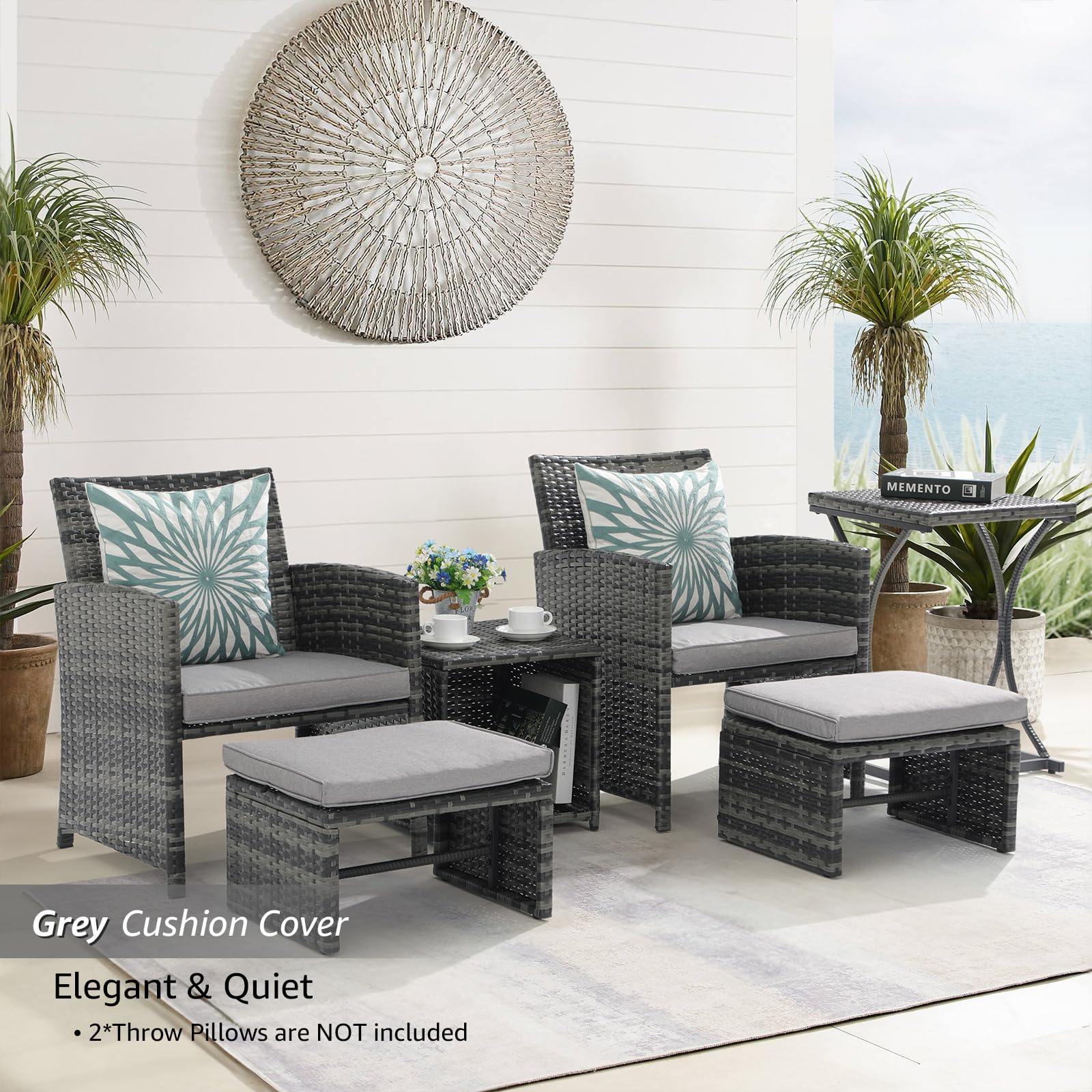 OC Orange-Casual 6-Piece Patio Furniture Set with Ottoman - Outdoor Grey Wicker Chairs & Coffee Table - Balcony Conversation Set for Apartments - Light Grey - Perfect for Backyard Relaxation, Poolside Lounging & Small Space Outdoor Living