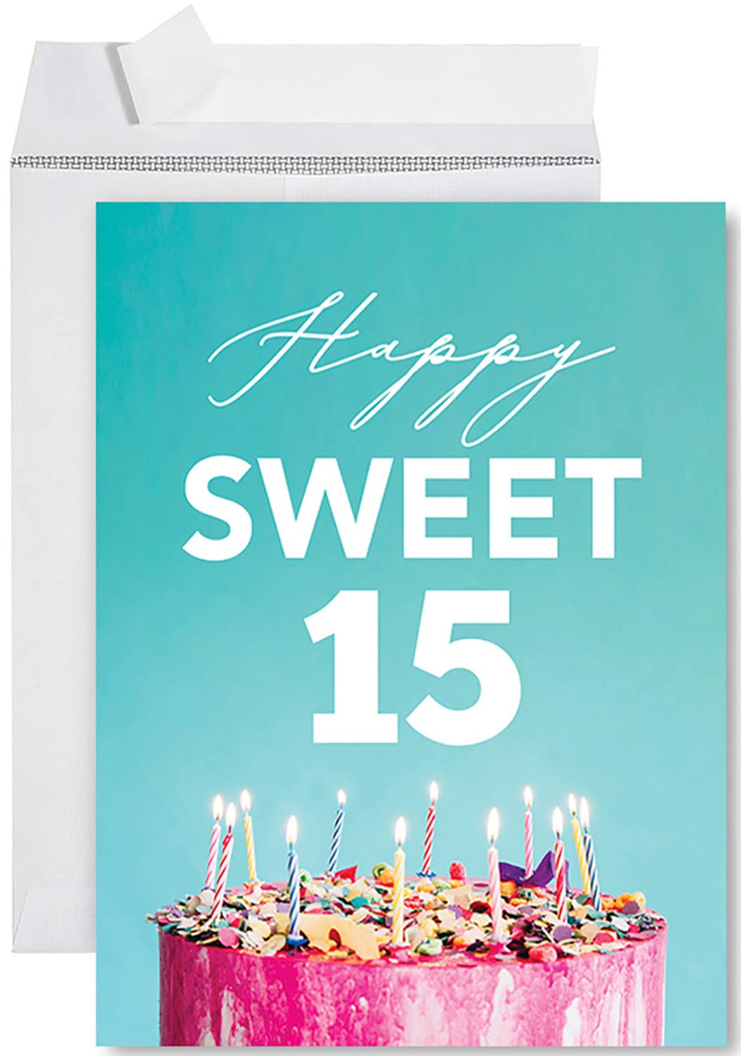 Jumbo Happy Birthday Card for Sweet 15 - Large Blank Greeting Space for Girls, Daughter, Granddaughter - Fifteen Birthday Cake Design 8.5