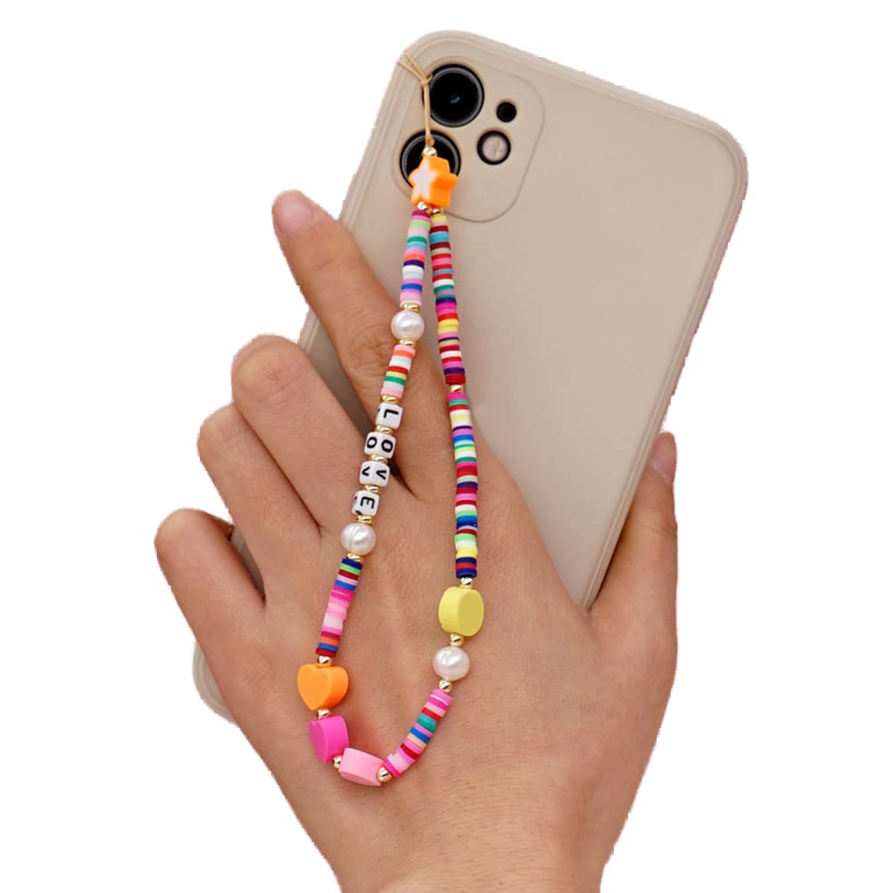 Kawaii Smiley Face Star Beaded Phone Charm Strap - Rainbow Acrylic Polymer Clay Pearl Phone Chain & Keychain for Women & Girls - Perfect for Phone Decor, Lanyard, Wrist Strap & Gift Giving