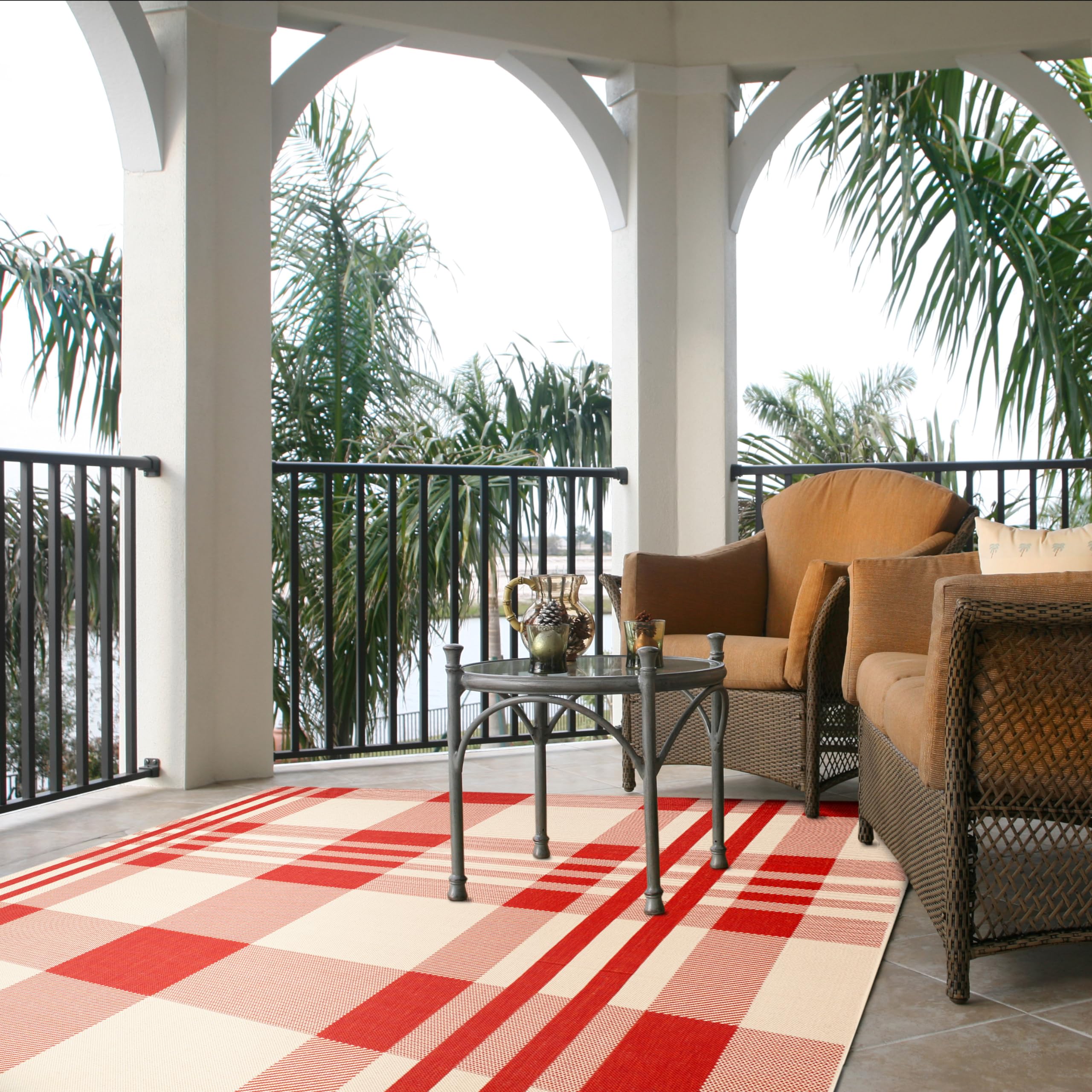 SAFAVIEH Courtyard Collection 8' x 11' Red/Bone CY6201 Plaid Indoor Outdoor Rug - Perfect for Patio, Backyard, Mudroom & High Traffic Areas