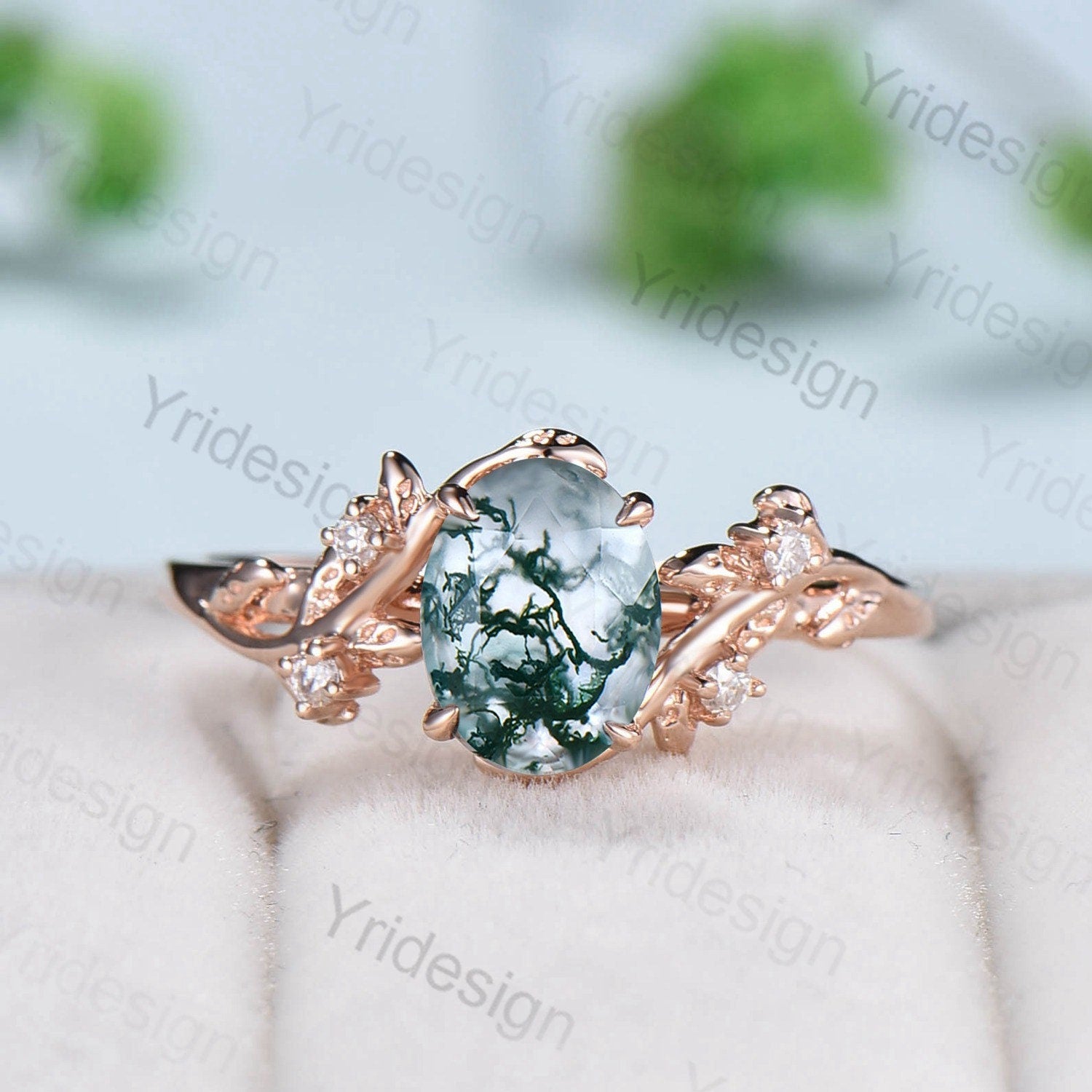 1.5CT Oval Moss Agate Ring Set with Cluster Diamonds - Nature Inspired Aquatic Agate Wedding Ring - Vintage Crystal Engagement Ring in 14K Rose Gold - Perfect for Beach Weddings, Boho Bridal Jewelry & Anniversary Gifts