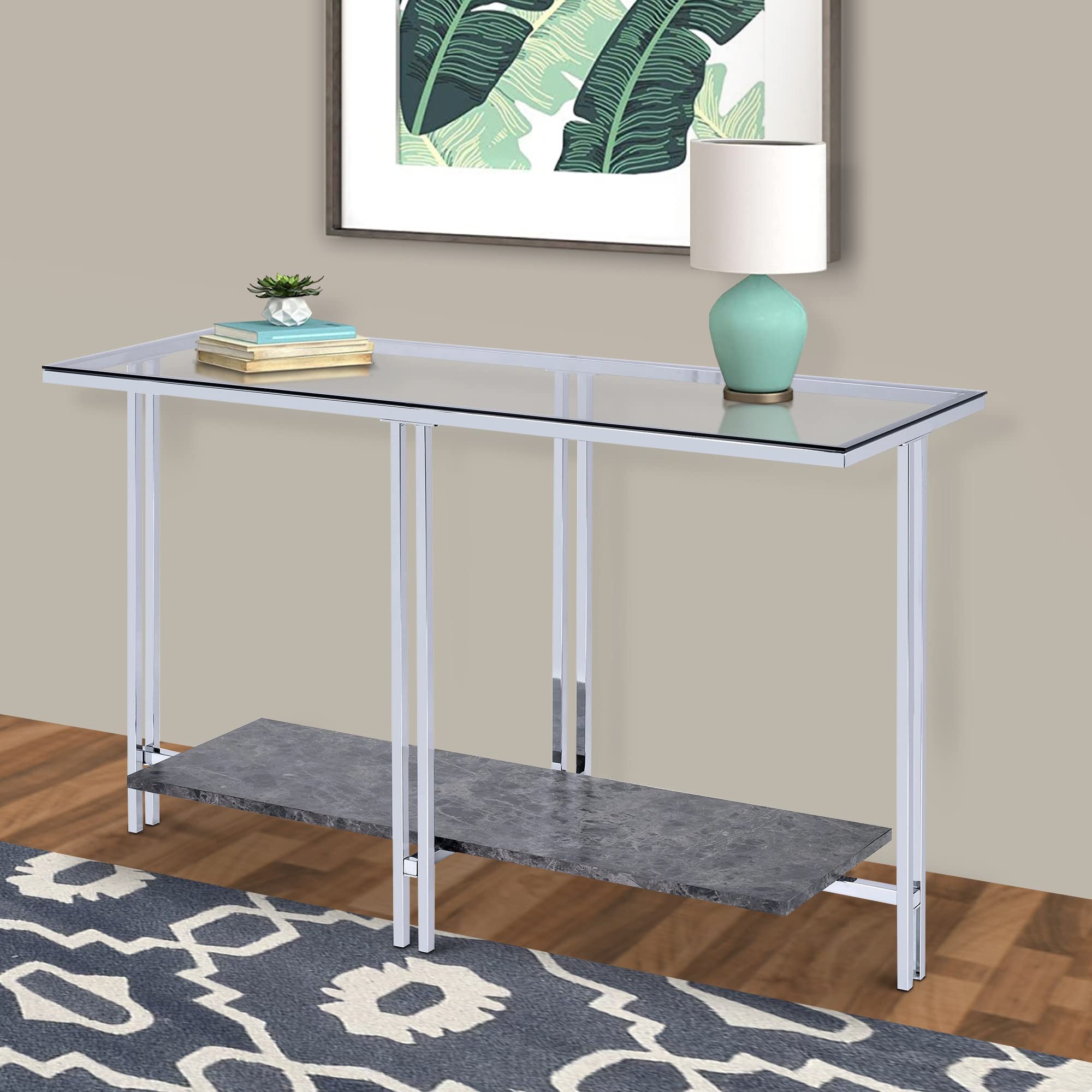 Benjara Modern Sofa Table - Silver Metal Frame with Clear Glass Top & Marble Bottom Shelf - Perfect for Living Room, Lounge, or Office Decor