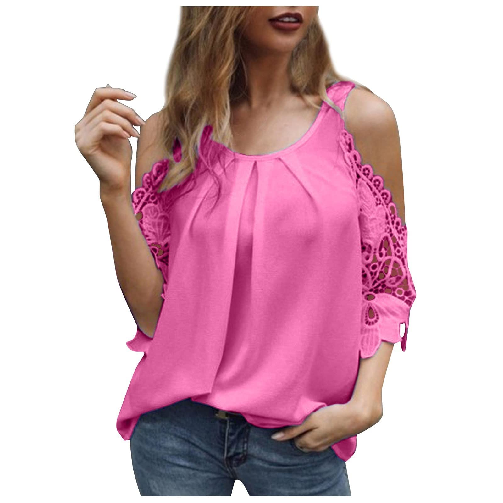 Trendy Women's Off Shoulder Lace Short Sleeve T-Shirt - Casual Hollow Out Blouse with Round Neck | Perfect for Summer Outfits, Beach Wear & Date Nights