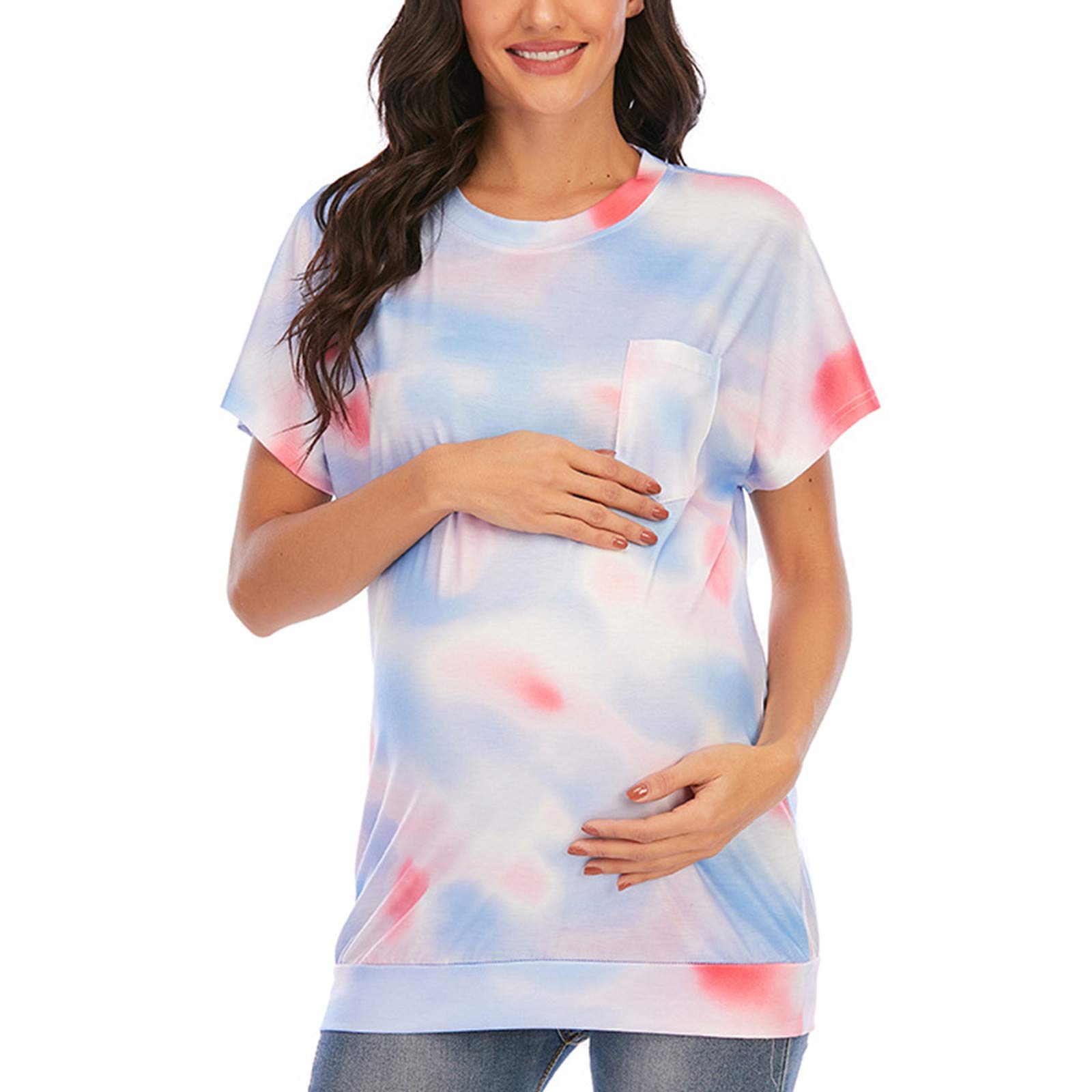 Stylish Tie Dye Maternity T-Shirt - Short Sleeve Pregnancy Top for Summer | Comfortable & Trendy Maternity Blouse for Casual Wear, Baby Showers & Everyday Outfits
