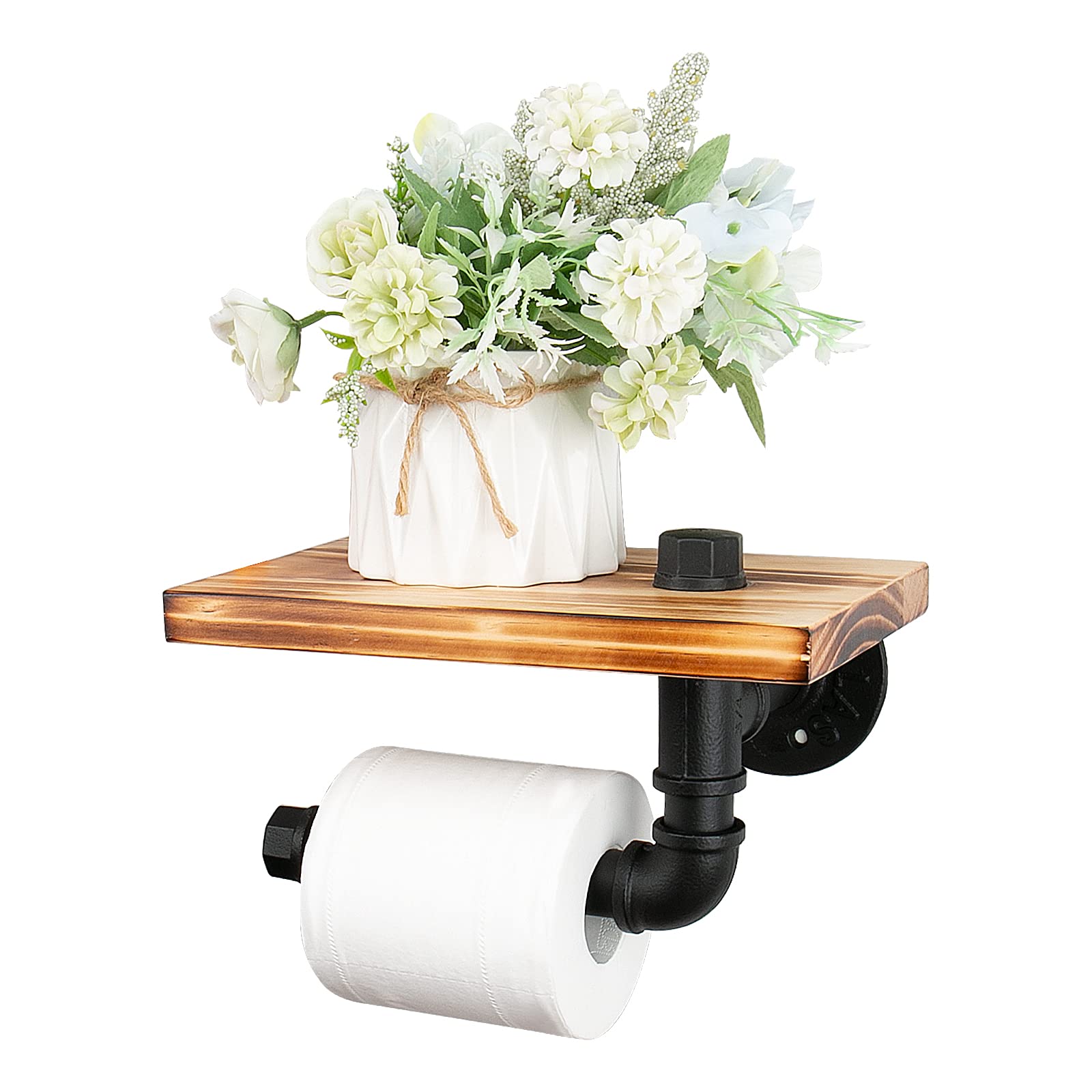NearMoon Industrial Toilet Paper Holder with Rustic Wooden Shelf - Wall Mounted Cast Iron Pipe Tissue Roll Holder - Vintage Bathroom Decor for Home, Washroom & Restroom - Perfect for Farmhouse, Industrial & Rustic Style Bathrooms