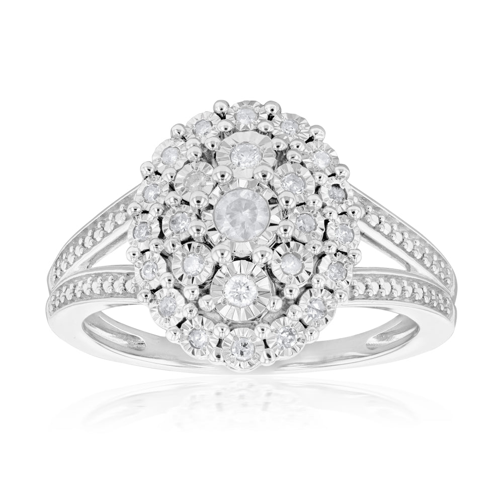1/5 Carat Oval Diamond Cluster Ring - 27 Brilliant Cut Diamonds in Sterling Silver - Perfect for Engagement, Anniversary & Special Occasion Gifts