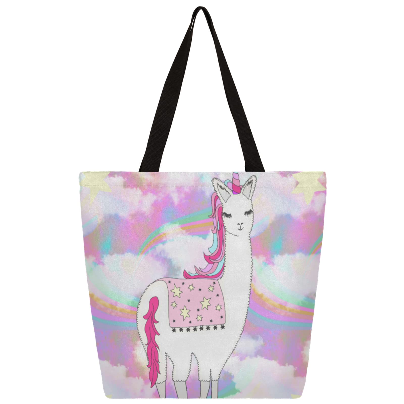 Stylish Unicorn & Llama Canvas Tote Bag for Women - Heavy Duty Reusable Grocery Shopping Bag with Inner Pocket - Perfect for Beach, School, Work & Gym - Rainbow Star Shoulder Bag for Everyday Use