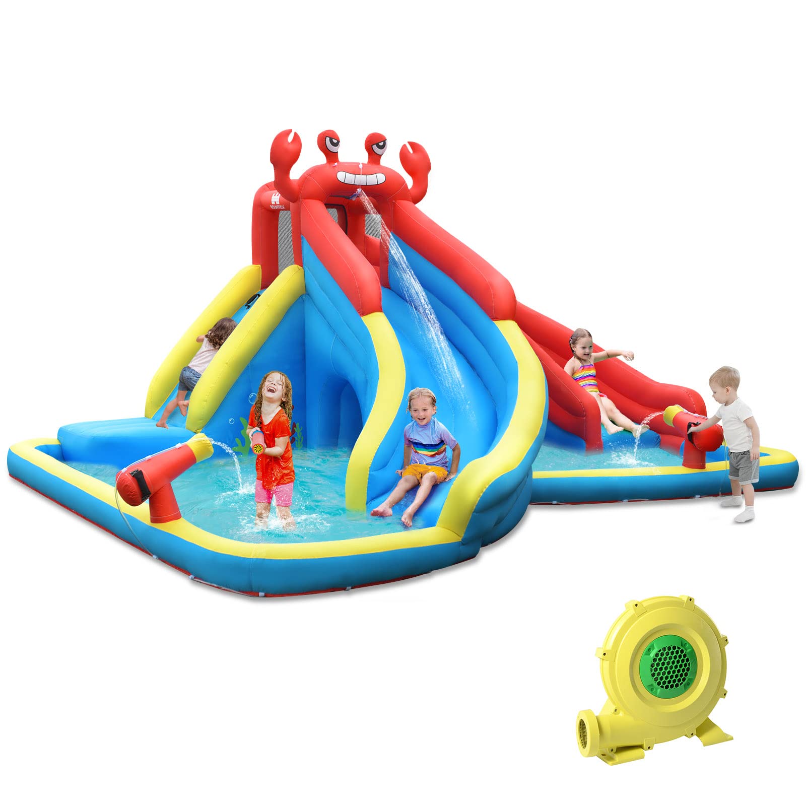 BOUNTECH Inflatable Water Slide for Kids - Crab Theme Outdoor Water Park with Dual Racing Slides, Climbing Wall & Hide & Seek Cave | Includes Blower | Perfect for Backyard Parties, Summer Fun & Outdoor Play