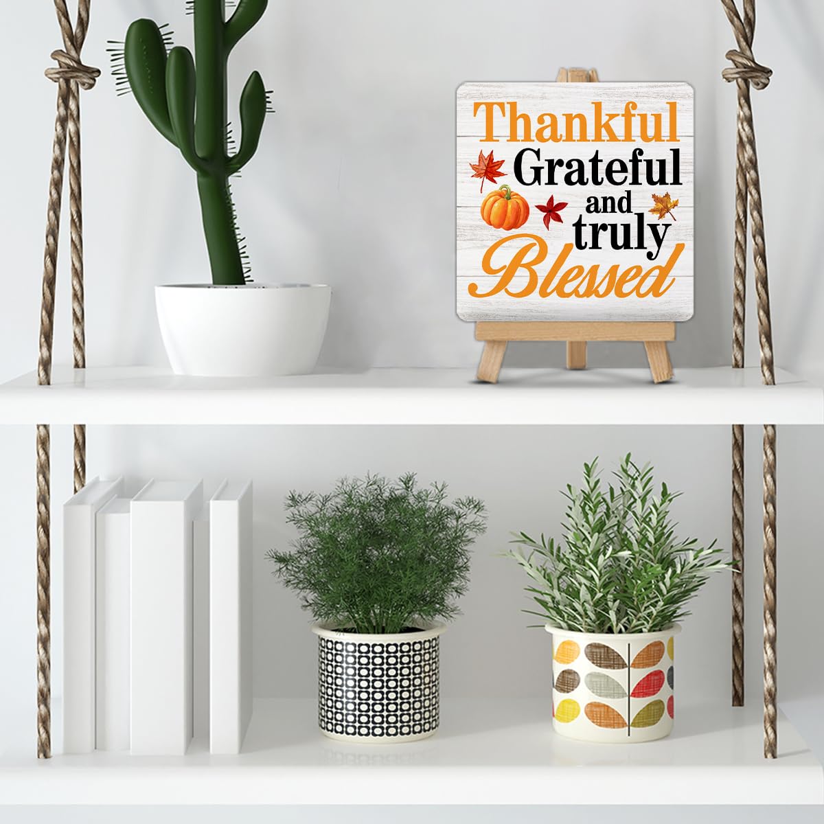Thanksgiving Wood Sign - Thankful Grateful Blessed Home Decor with Easel Stand | Fall & Thanksgiving Table Decorations for Desk, Shelf, Tiered Tray | Perfect for Holiday Centerpieces, Mantel Decor & Seasonal Home Styling