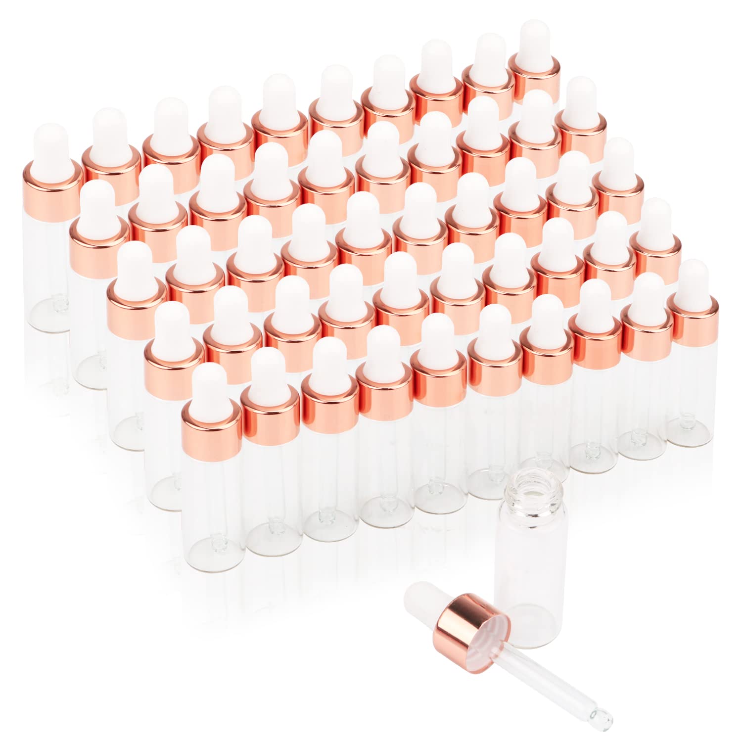 50 Pack Clear Glass Dropper Bottles with Rose Gold Lids - 5ml (1/6oz) Essential Oil Bottles, Perfume Sample Vials, DIY Cosmetic Containers - Includes 2 Pipettes for Travel, Aromatherapy & Skincare Storage