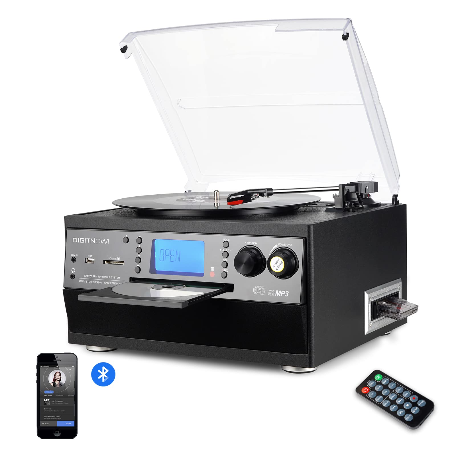 DIGITNOW! Bluetooth Vinyl Record Player with USB, MP3, CD, Cassette & FM Radio - 3-Speed (33/45/78 RPM) Turntable with Built-in Speakers | Perfect for Home Entertainment, Music Lovers & Vintage Audio Enthusiasts