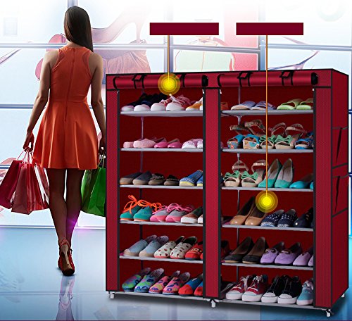 12-Tier Double Row Shoe Rack Organizer with Non-Woven Fabric Cover - Stackable Shoe Storage Cabinet for Entryway, Closet & Bedroom Organization (Red)