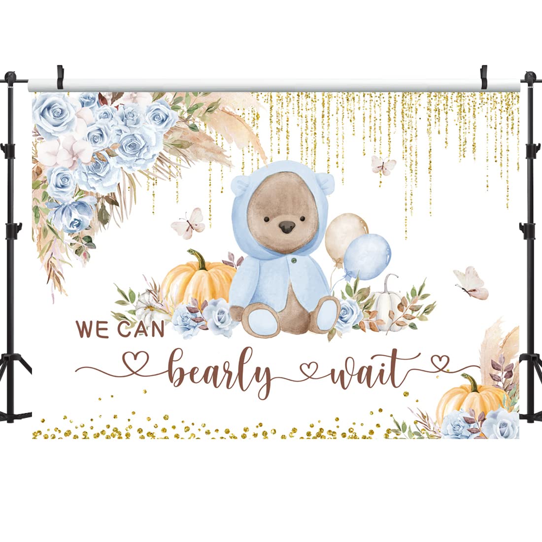 Lofaris Boho Bear Baby Shower Backdrop - Blue Floral 'We Can Bearly Wait' Theme - 5x3ft Photography Background for Baby Boy Showers, Gender Reveals & Nursery Decor with Pampas Grass Design