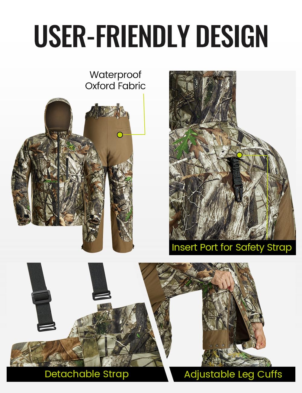 TIDEWE Men's Silent Waterproof Hunting Jacket with Face Mask & Adjustable Bibs - Safety Strap Compatible for Deer, Duck & Turkey Hunting
