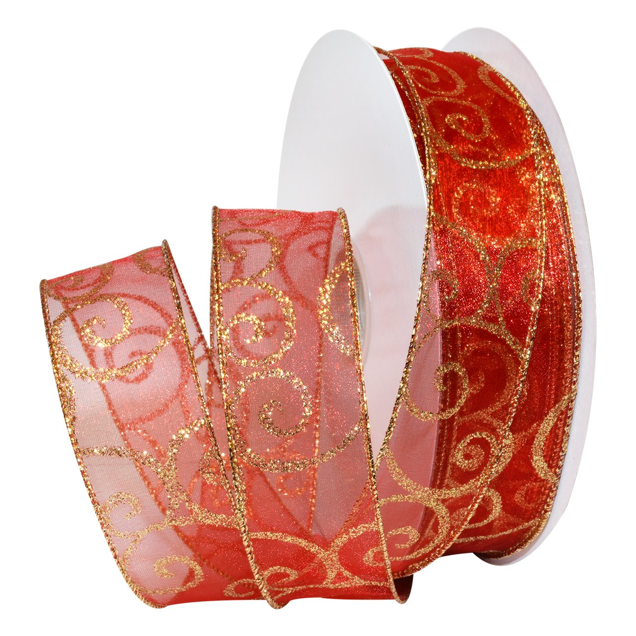 Morex 1.5 Inch Wired Glitter Ribbon - Red & Gold Sheer Ribbon for Gift Wrapping, Crafts, Christmas Decorations (50 Yards)