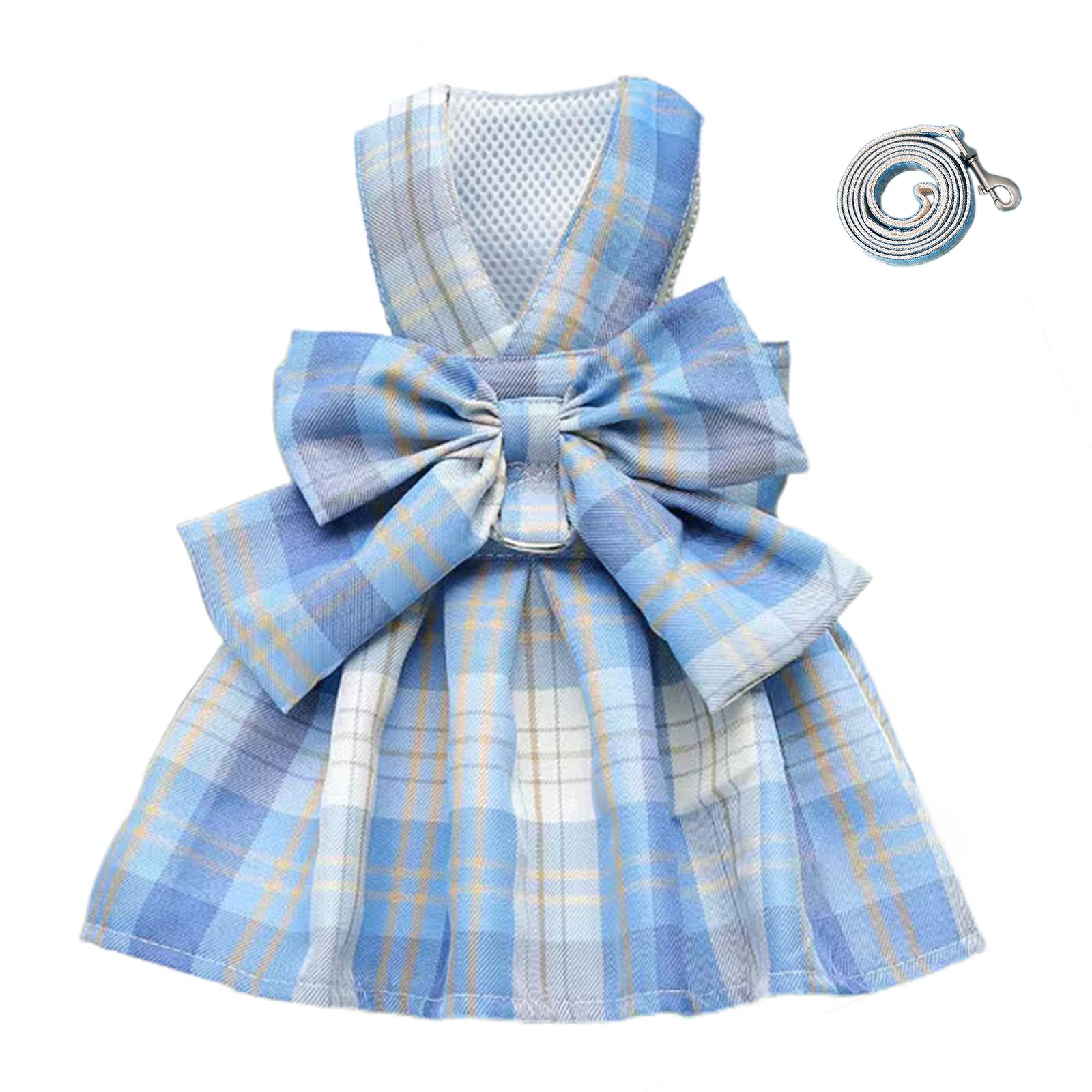 Tikwek Plaid Dog Dress with Bow Tie & Leash Set - Cute Pet Outfits for Small Dogs (Blue, XS) | Perfect for Puppy Parties, Photo Shoots & Daily Walks