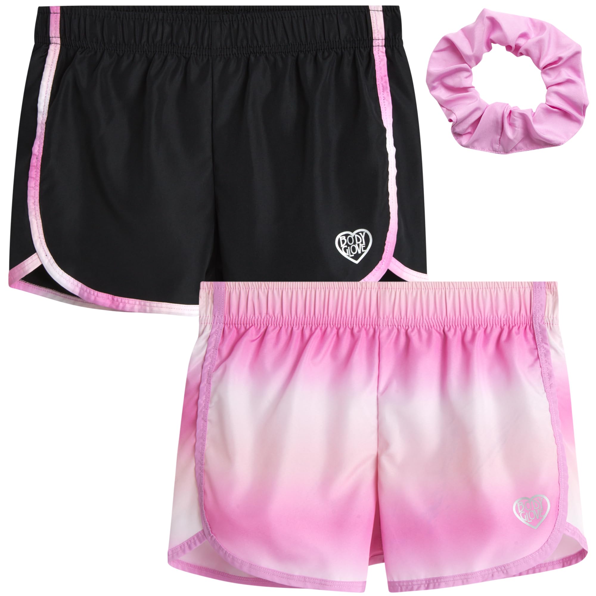 Body Glove Girls' Athletic Shorts 2-Pack - Quick Dry Performance Gym Shorts with Scrunchie for Ages 7-12 - Perfect for Sports, Running, Yoga & School Activities