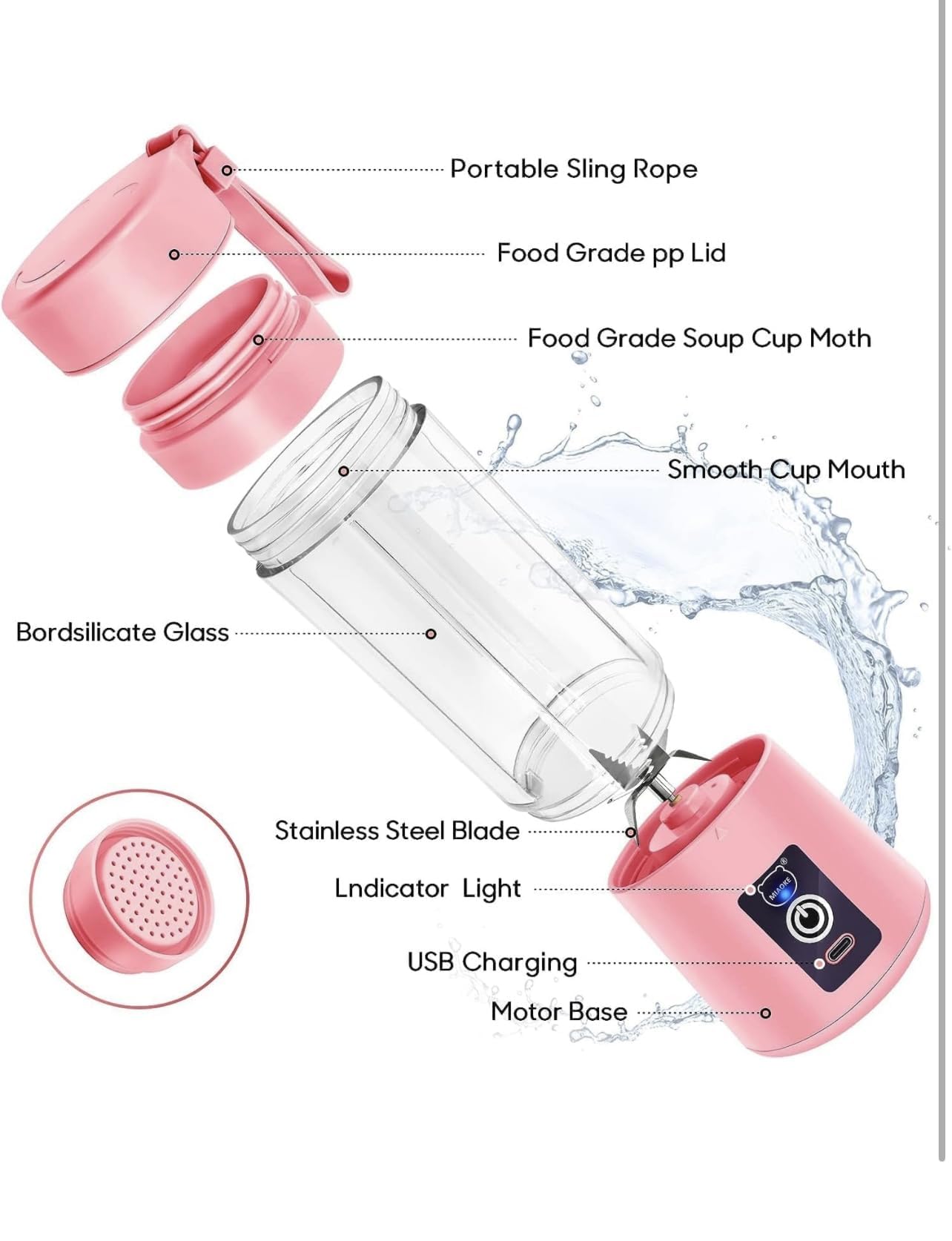Portable USB Rechargeable Personal Blender - 380ml 25W 6-Blade Handheld Blender for Shakes, Smoothies, Juices | Perfect for Travel, Office, Gym, Camping & Outdoor Activities (Pink, Medium Size)