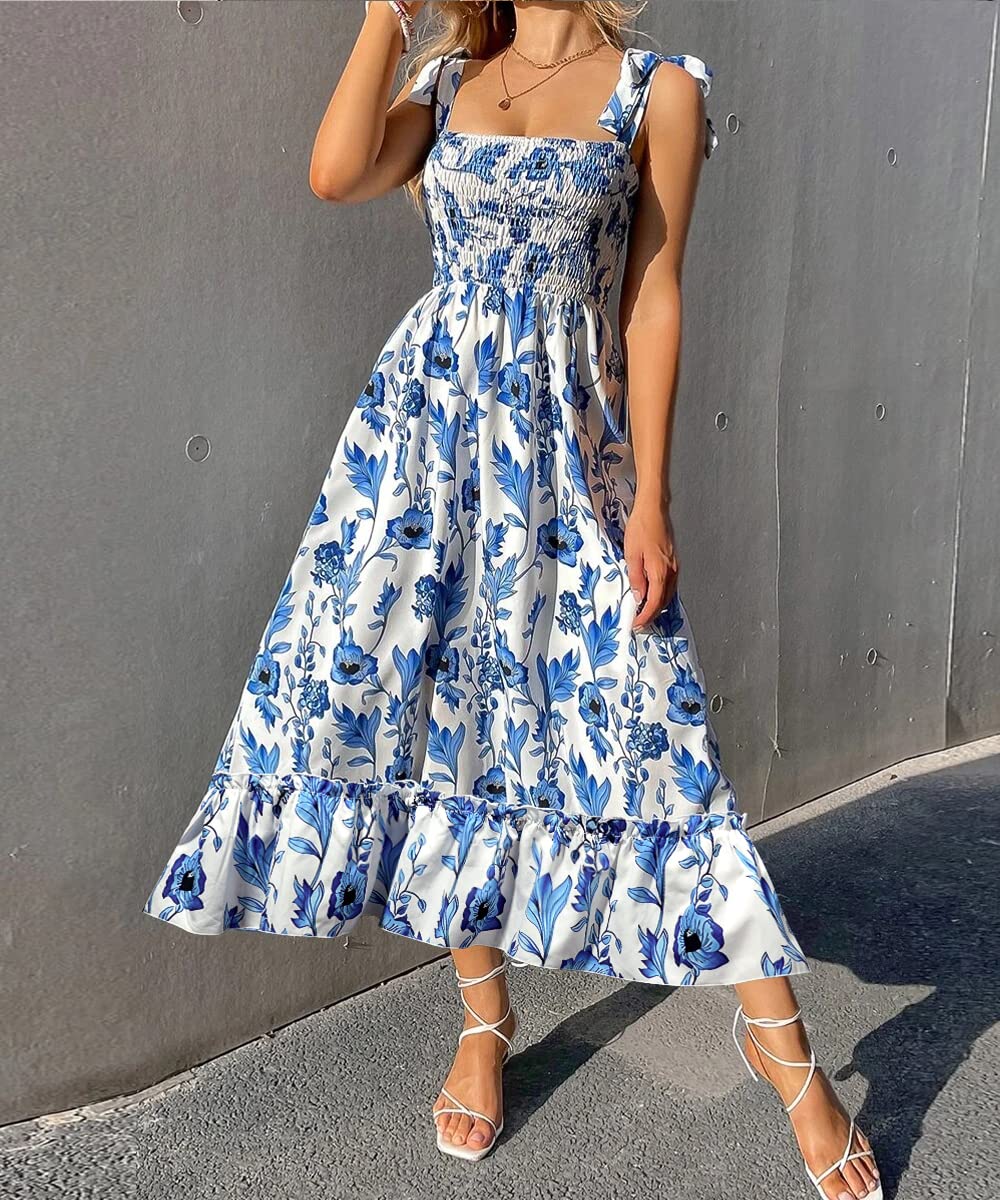 Boho Maxi Summer Dresses for Women 2023 - Flowy Ruffle Smocked Dress for Beach, Vacation & Casual Wear