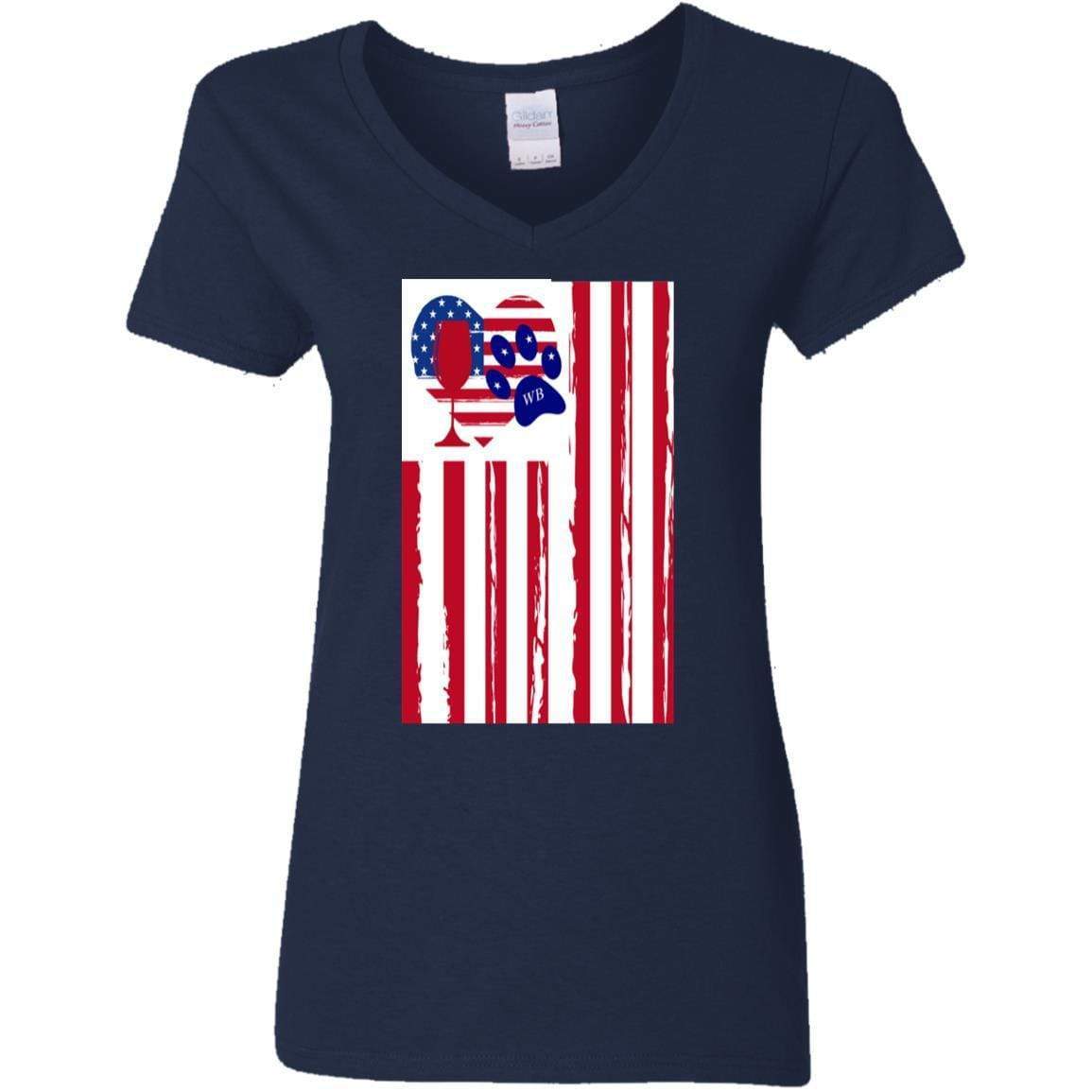 American Flag Wine Paw Heart V-Neck T-Shirt for Women - 5.3 oz Soft Cotton Ladies Tee - Perfect for 4th of July, Patriotic Events & Wine Lovers