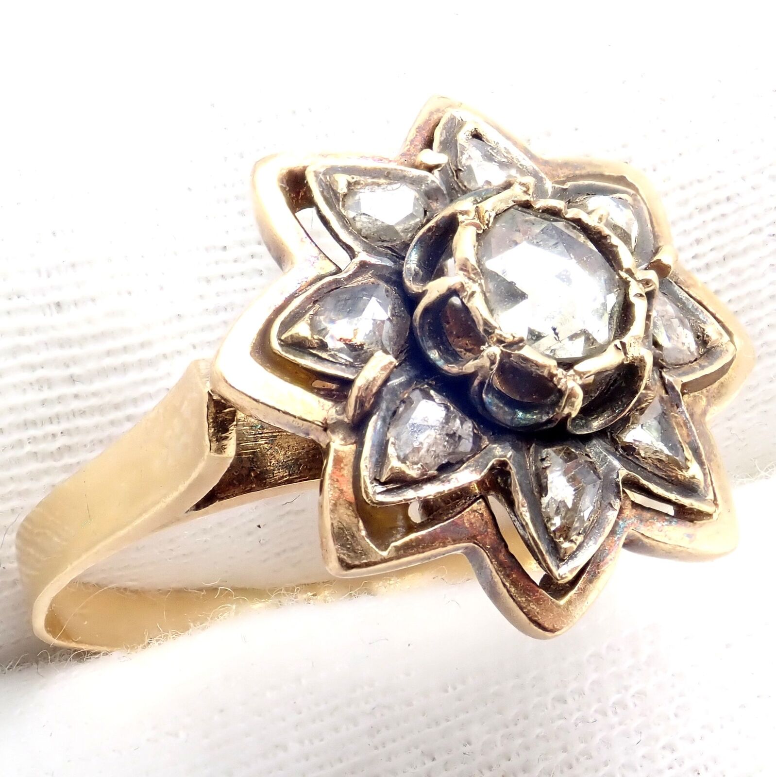 Vintage Karl Faberge 18k Yellow Gold Rose Cut Diamond Flower Ring - Elegant Antique Jewelry for Women, Perfect for Weddings, Anniversaries & Special Occasions