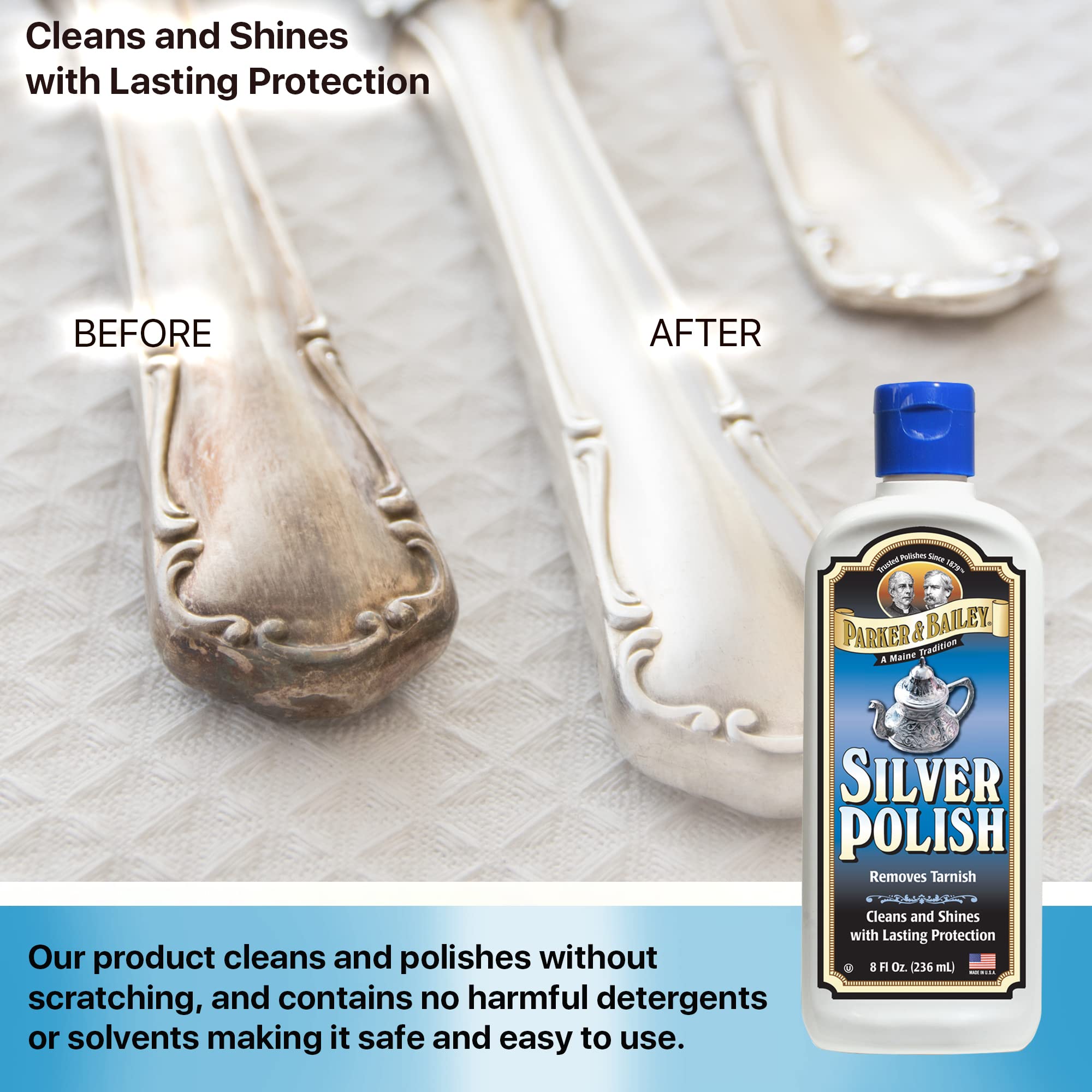 PARKER & BAILEY Silver Polish Cleaner - Tarnish Remover for Jewelry, Antique Silverware, Utensils & Metal Furniture | 8 Oz Bottle | Restores Shine to Silver Items, Perfect for Home Decor & Kitchenware Care
