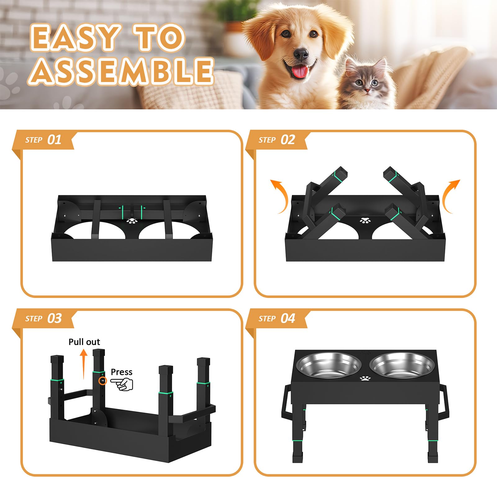 **Elevated Dog Bowls for Large Breeds - Adjustable Height Raised Dog Bowl Stand with 2 Stainless Steel Bowls - Perfect for Small, Medium & Large Dogs - Ideal for Dining, Feeding & Reducing Neck Strain**