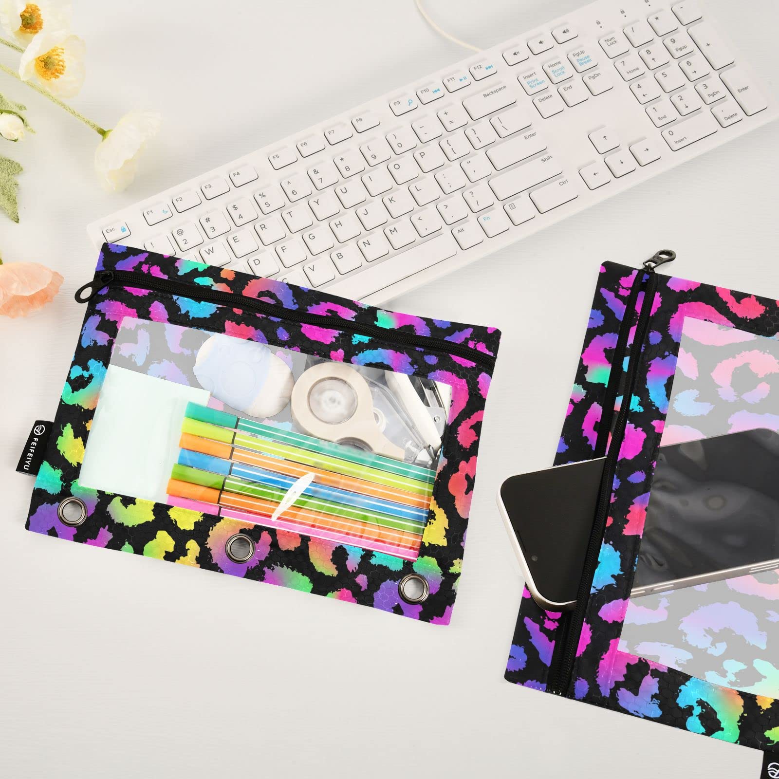 ALAZA Rainbow Leopard Print 3-Ring Binder Pencil Pouch with Clear Window - 2 Pack Zippered Pencil Case & Cosmetic Organizer for School, College, Office Supplies | Perfect for Back-to-School, Work Essentials & Makeup Storage