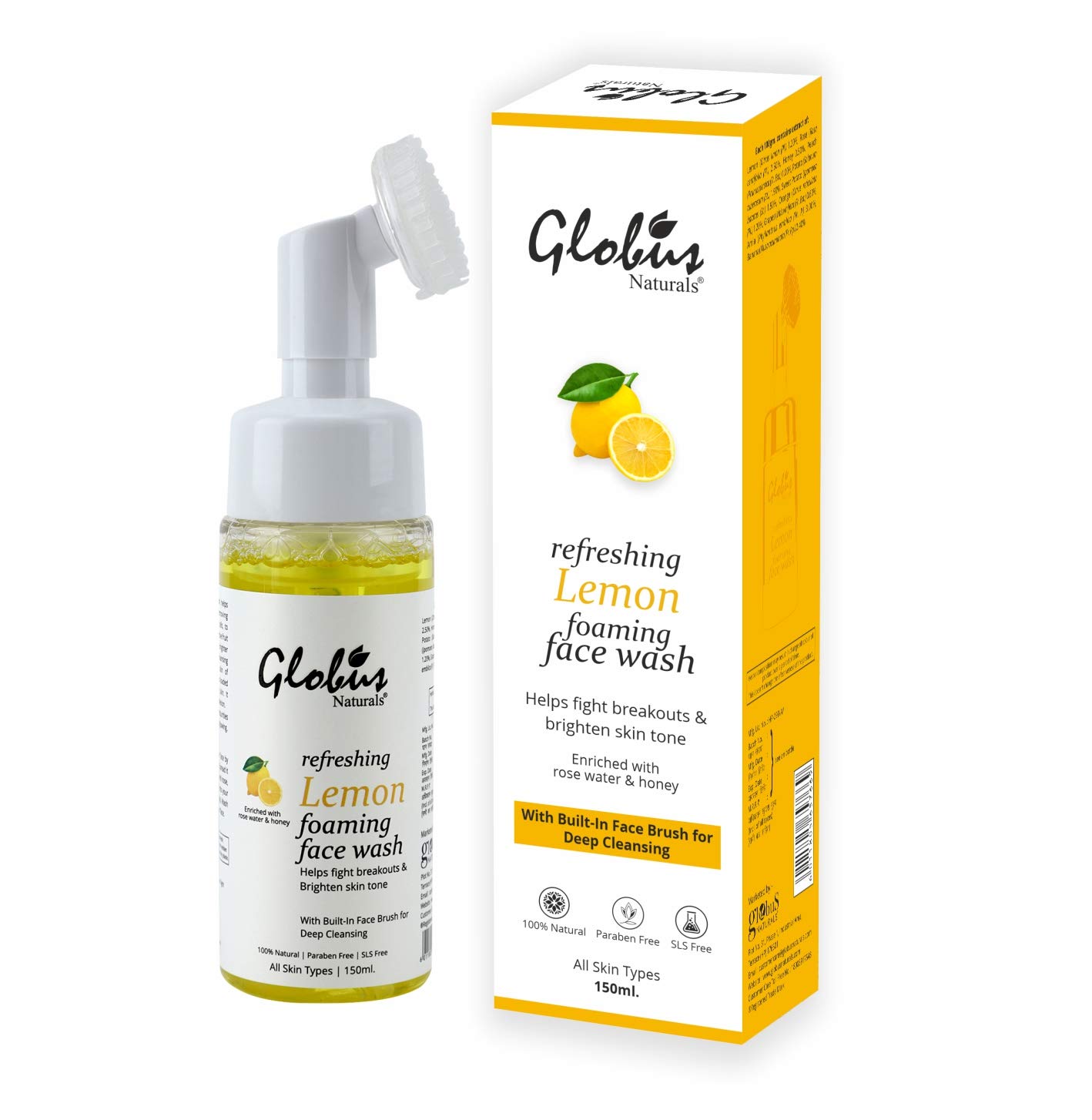Globus Naturals Refreshing Lemon Foaming Face Wash with Silicone Massage Brush - Acne Fighting, Skin Brightening, Paraben & Sulfate Free (150ml) | Gentle Cleanser for Oily & Combination Skin | Morning & Night Skincare Routine