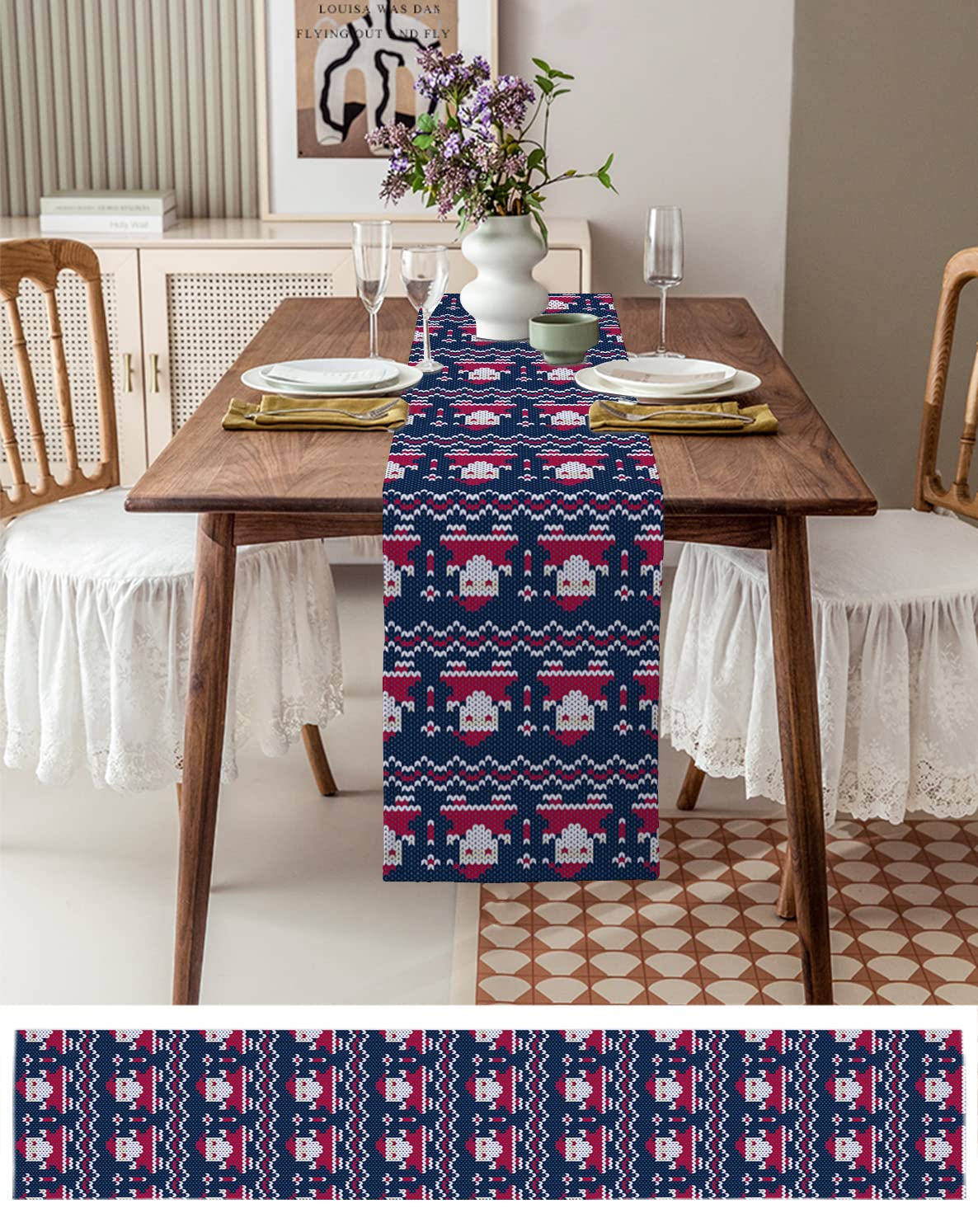 Santa Claus Blue Black Christmas Table Runner 13x72 Inches - Washable Cotton Linen for Kitchen, Coffee Table & Dining Room - Perfect for Xmas Holiday Party Decor & Winter Home Decoration