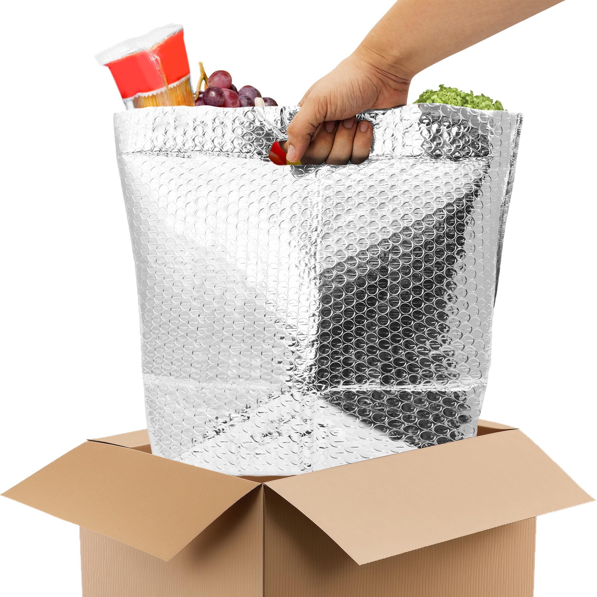 APQ Insulated Foil Bags with Handles - 11x8.5x5.5 Inches, 50 Pack Thermal Shipping Bags for Frozen Food, Cosmetics & Perishables | Bubble Cushion Lined, Metallized Foil Insulation | Perfect for Meal Prep, Grocery Delivery & Cold Storage
