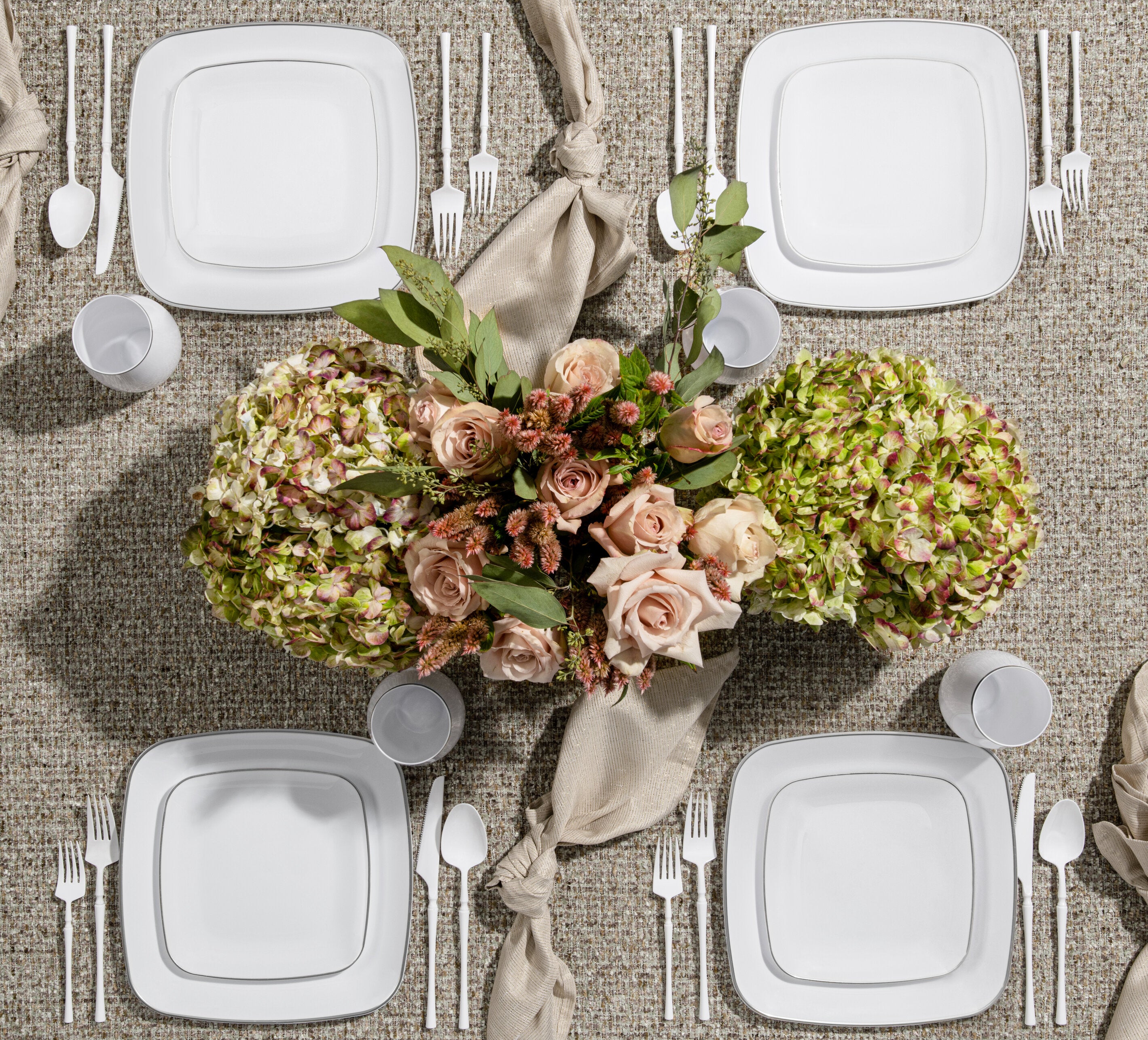 32-Pack White & Silver Square Plastic Dinnerware Set for 16 Guests - Elegant Disposable Plates, Forks, Knives & Spoons - Perfect for Weddings, Parties, BBQs & Outdoor Events