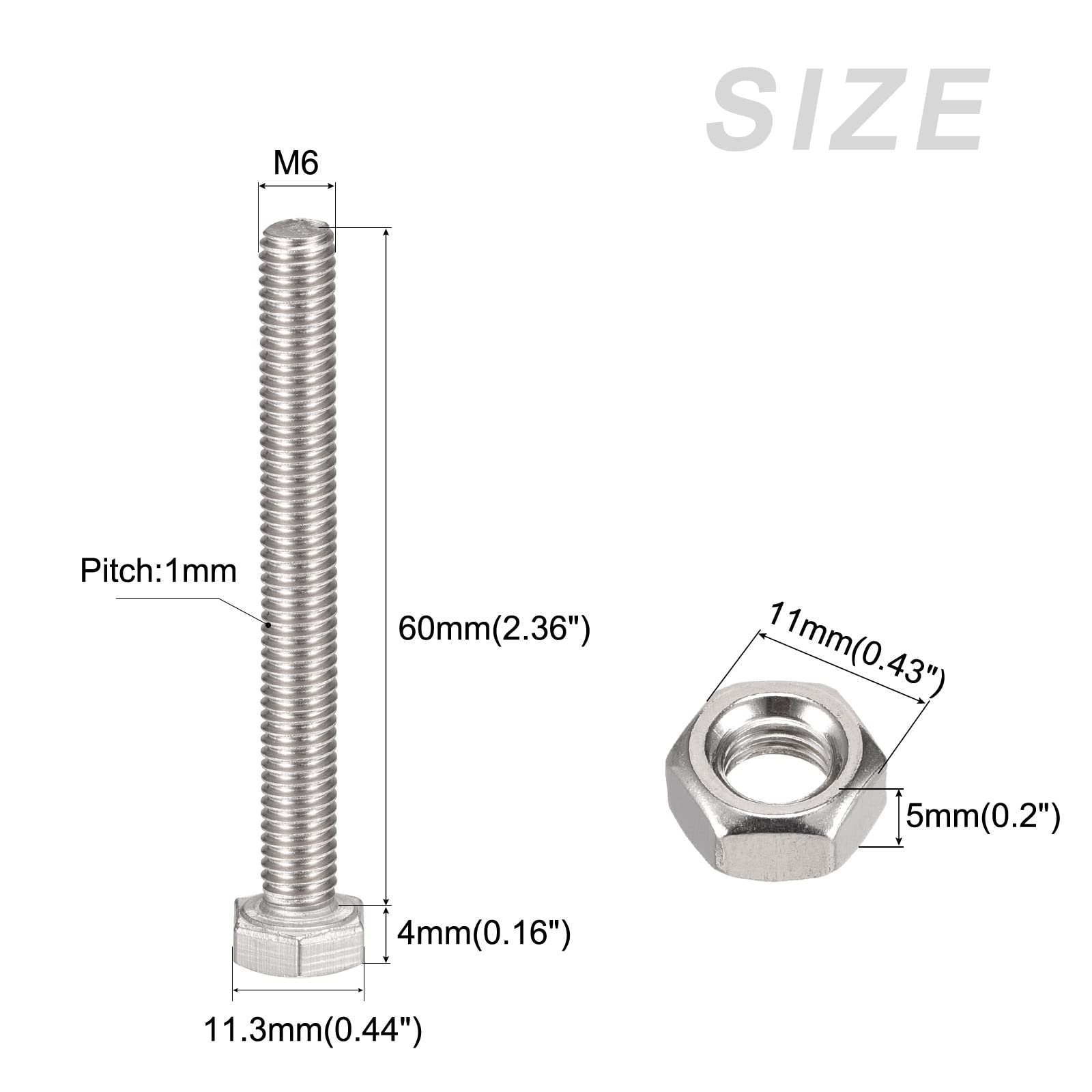 METALLIXITY 304 Stainless Steel Hex Head Screws, Bolts, Nuts, Flat & Lock Washers Kit (M6x60mm, 6 Sets) - Durable Fasteners for Home Appliance Repair, Furniture Assembly, and DIY Projects