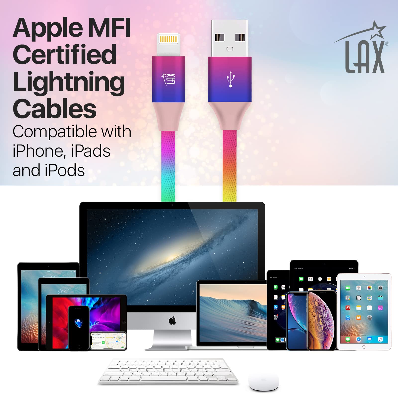 Apple MFi Certified USB A to Lightning Cable - Fast Charging Rainbow Cable for iPhone, iPad, iPod (4FT) | Durable & Reliable for Home, Office & Travel Use