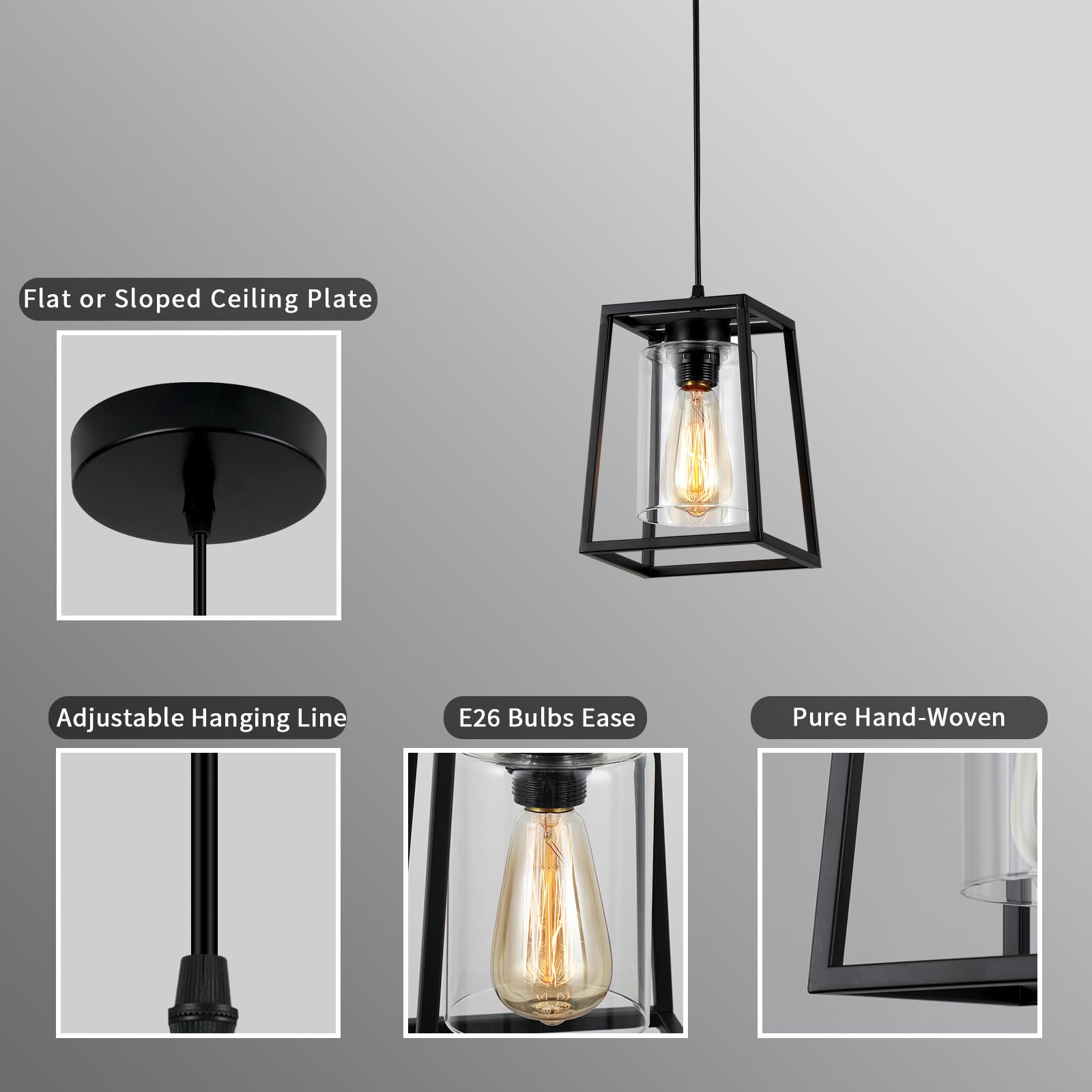 Black Farmhouse Pendant Lights with Clear Glass Shade - 1-Light Linear Chandelier for Kitchen Island, Dining Room, Entryway, and Modern Farmhouse Decor