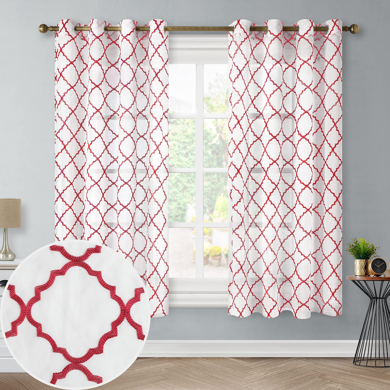 Burgundy Red Moroccan Sheer Curtains - 52x63 Inch Light Filtering Voile Window Drapes with Embroidery & Grommet Top (Set of 2 Panels) for Bedroom, Living Room & Home Decor | Elegant Semi-Sheer Curtains for Light Control & Privacy