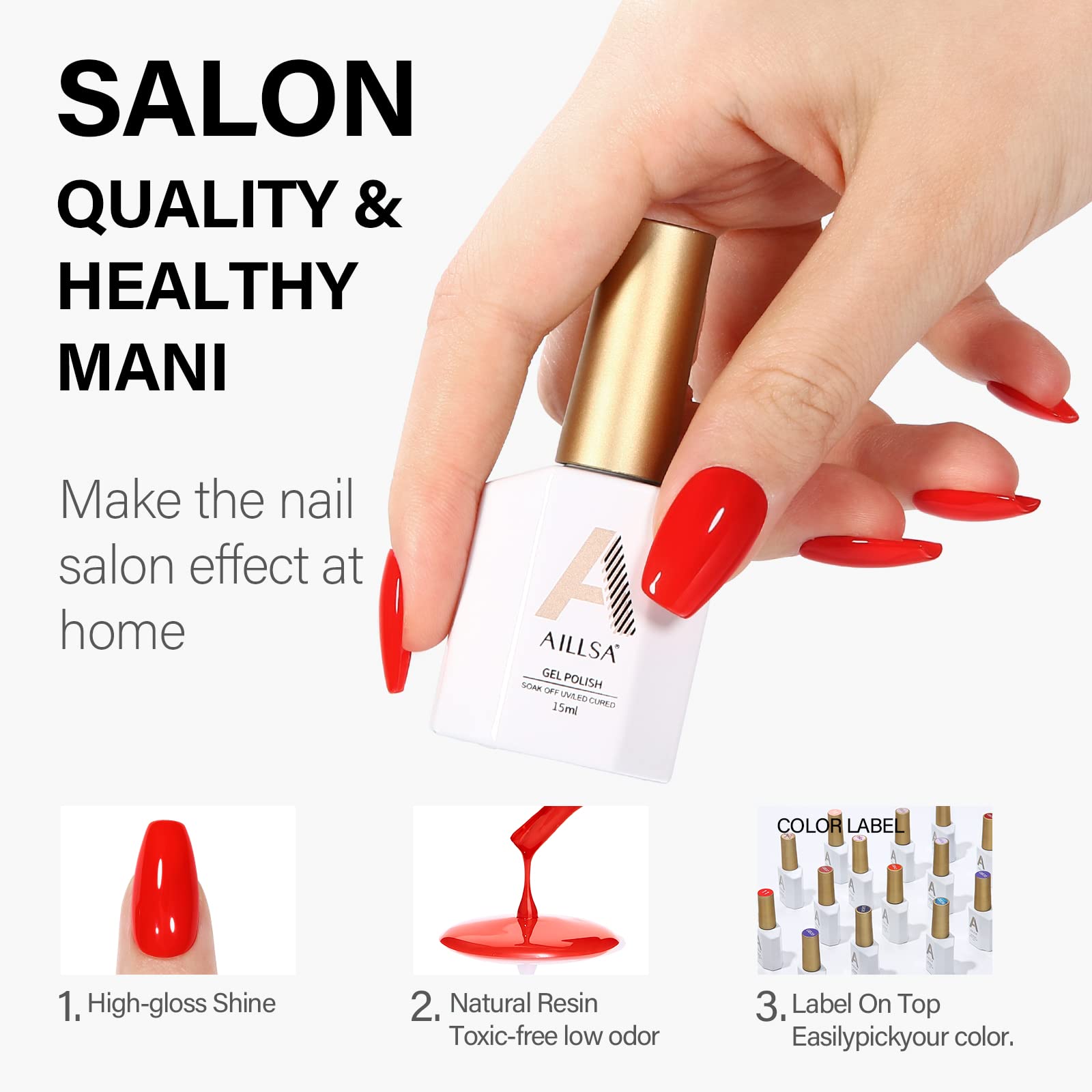 AILLSA Ruby Red Gel Nail Polish - Bright Rose Color UV/LED Soak Off Gel for Long Lasting Manicure (0.51 Fl Oz) | Perfect for Salon Quality Nails at Home, Parties & Special Occasions