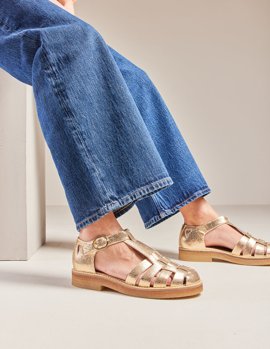Charlie Leather Sandals - Crackled Gold Finish | Women's Comfortable & Stylish Sandals for Summer, Beach, and Casual Outings