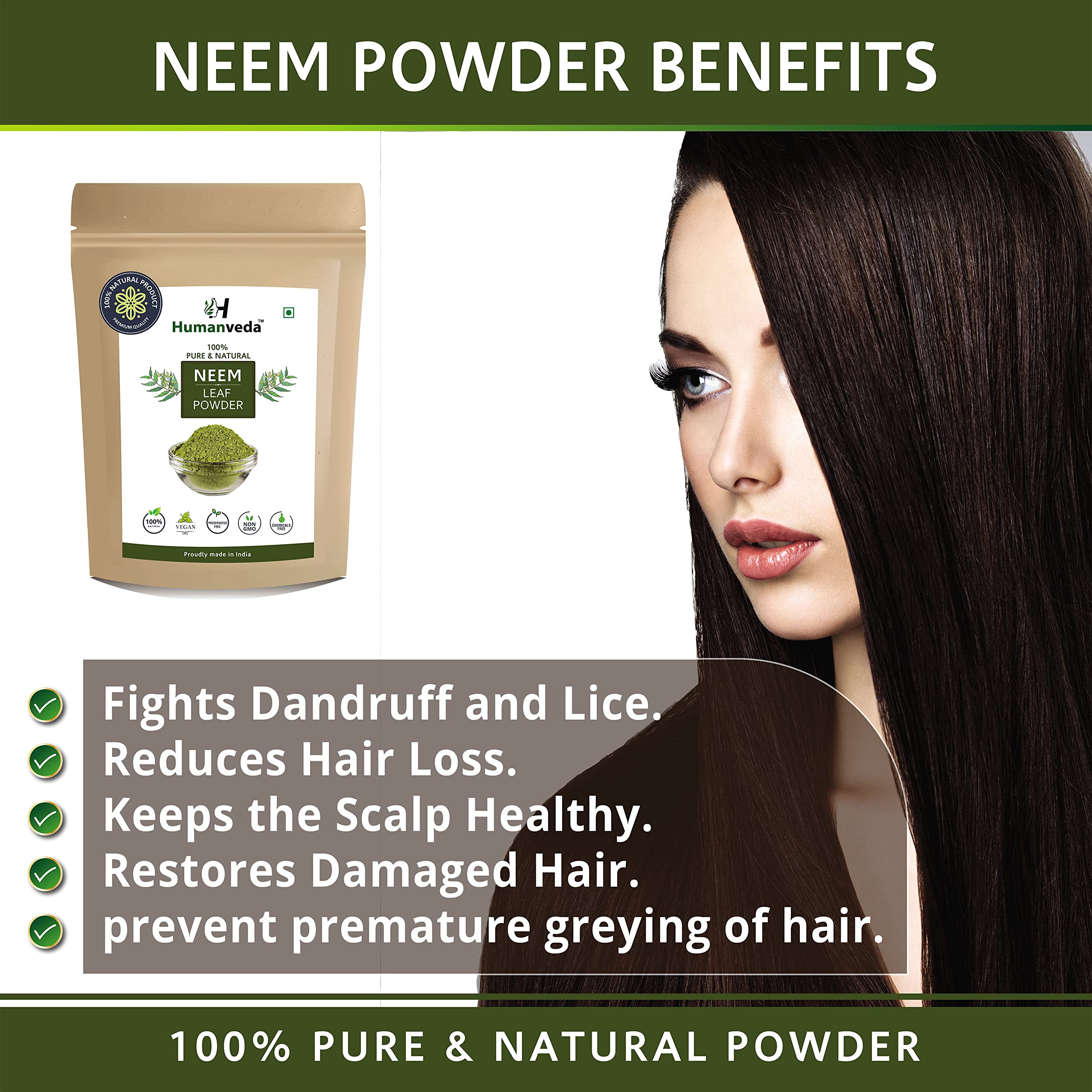 Humanveda Natural & Herbal Neem Leaves Powder (Azadirachta Indica/Indian Lilac) - 100g | Organic Skin & Hair Care for Acne-Free Complexion & Silky Hair | Sun-Dried, Stemless | Perfect for DIY Face Masks, Hair Cleansing & Natural Beauty Routines
