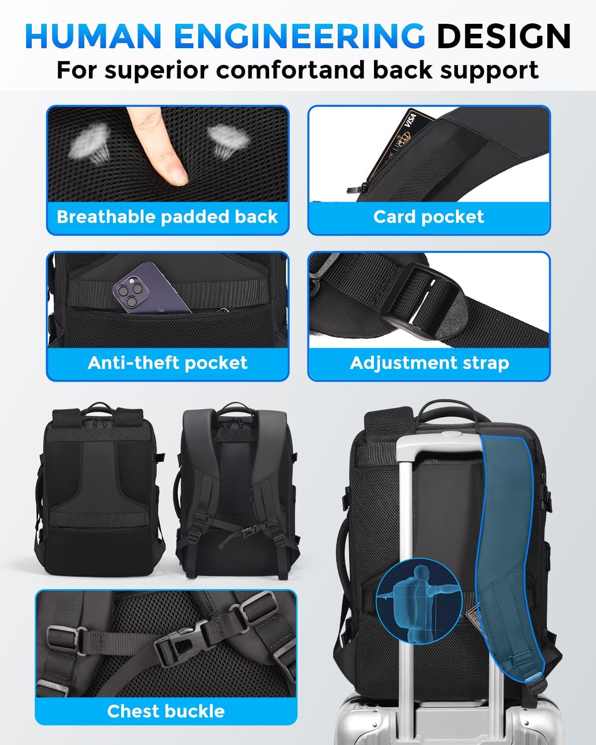 Men's Travel Backpack - Flight Approved Carry-On Backpack with USB Charging Port, Water Resistant Expandable Laptop Daypack (Fits 17.3 Inch Laptop) - Perfect for Business Travel, College & Work Commute