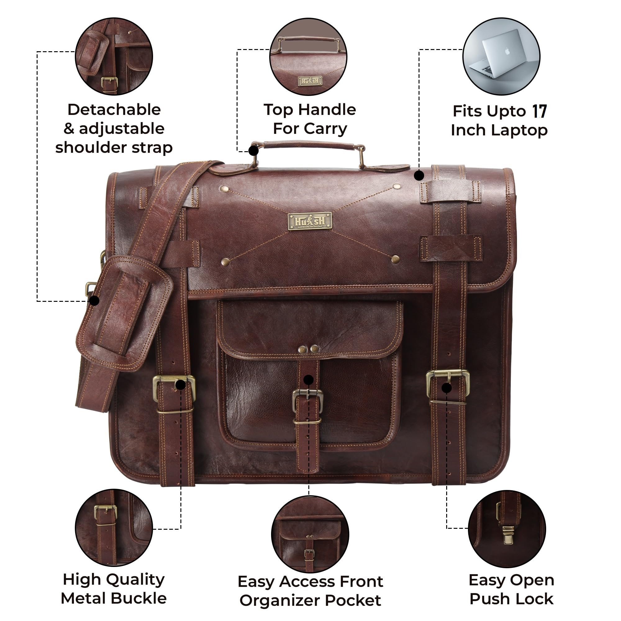 Premium Full Grain Leather Messenger Bag for Men - Durable Genuine Leather Laptop Briefcase & Business Satchel - Perfect for Office, Travel & Daily Commute