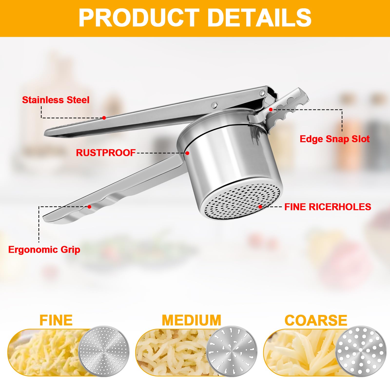 Heavy Duty 15oz Stainless Steel Potato Ricer & Masher with 3 Interchangeable Discs - Professional Potato Press for Perfect Mashed Potatoes, Baby Food & Purees - Ideal for Home Kitchens & Restaurants