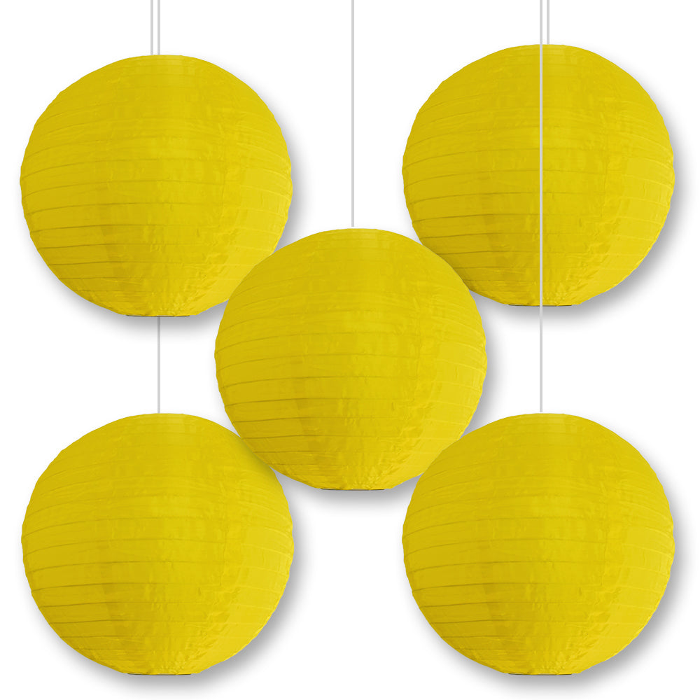5 Pack 14 Inch Yellow Shimmering Nylon Lanterns - Durable Parallel Ribbing Hanging Decorations for Parties, Weddings & Outdoor Events