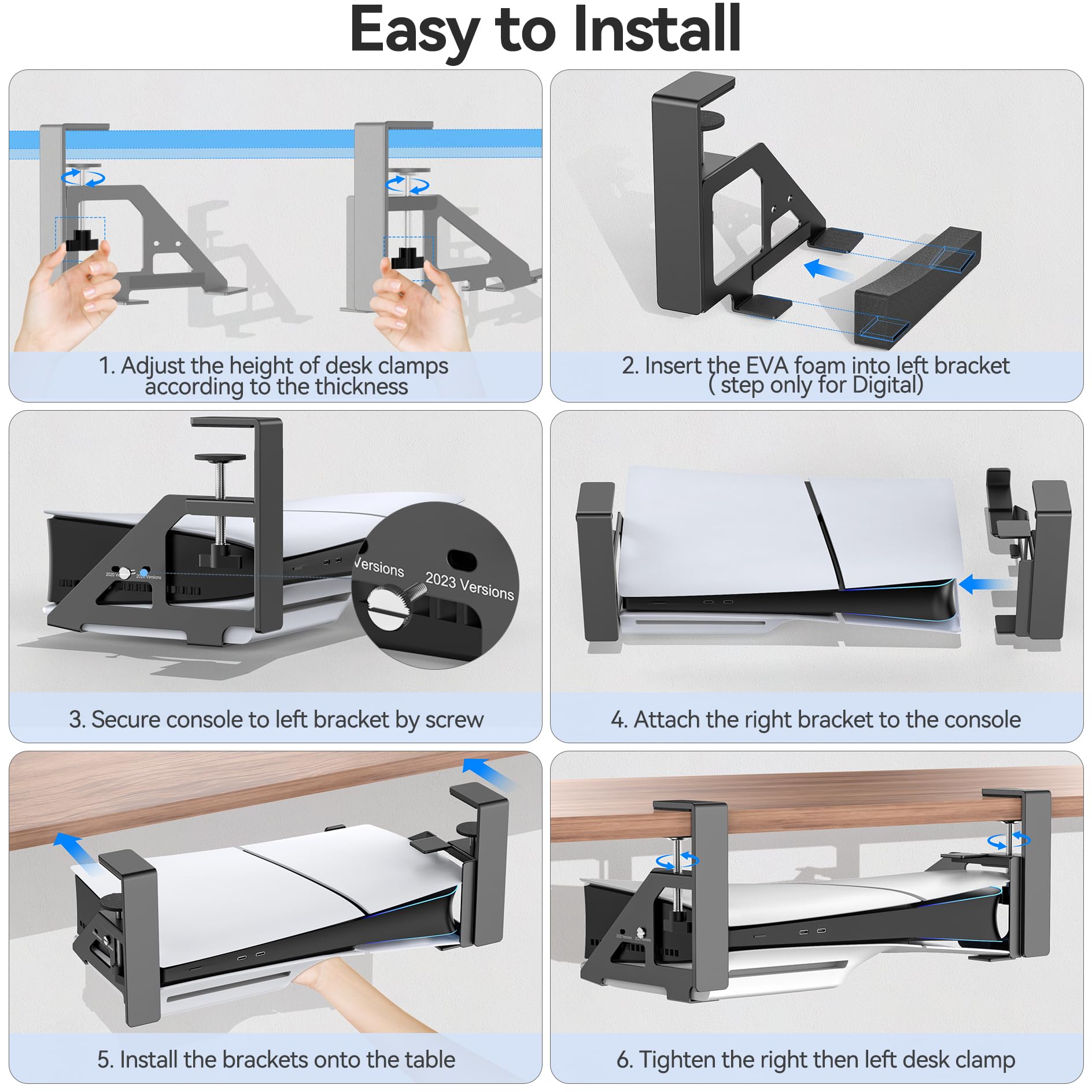 No-Drill Under Desk PS5 Mount for PS5 Slim & Digital Edition - Heavy Duty Metal Bracket with Clamp, Screws & EVA Foam - Perfect for Gaming Setups, Home Theaters & Office Spaces