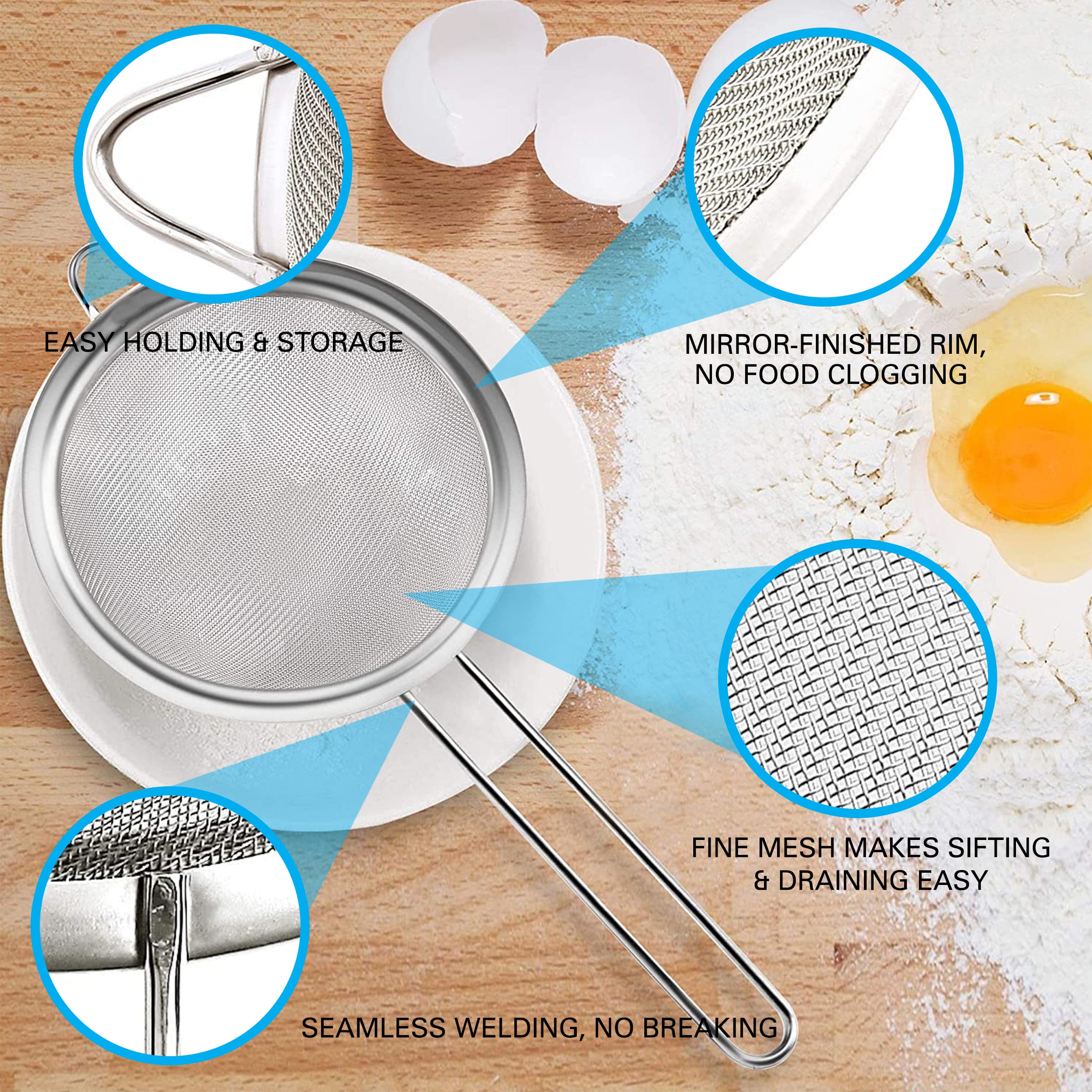 Hamilton Beach Fine Mesh Strainer Set of 3 - Stainless Steel Kitchen Sieves for Baking, Pasta, Rice & Flour - Long Handle Food Strainer & Tea Sifter - Ideal for Cooking, Meal Prep & Healthy Eating